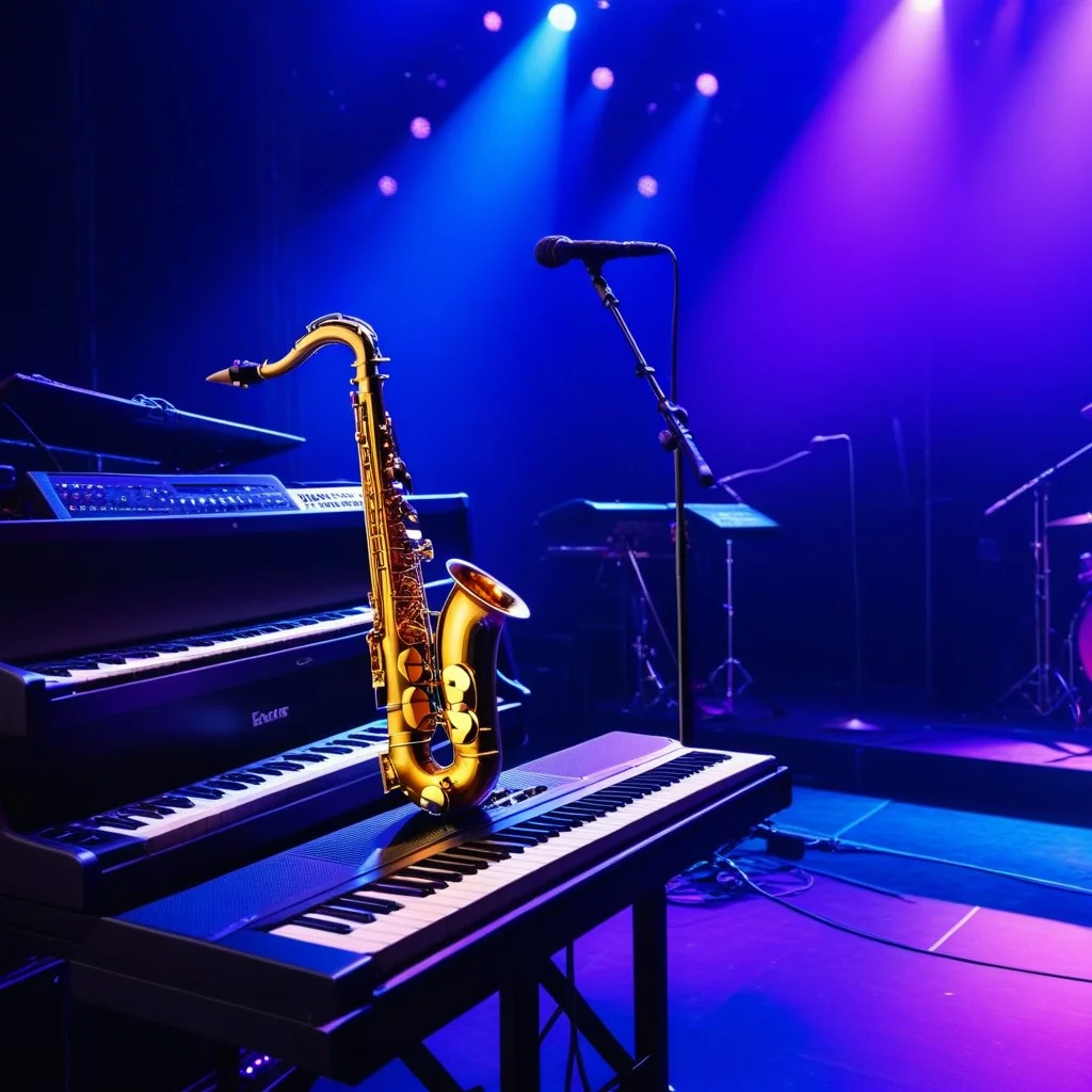 Detail shot of a saxophone and keyboard setup on stage, glowing under purple and blue spotlights, cables neatly arranged, suggesting a complex and powerful musical arrangement.