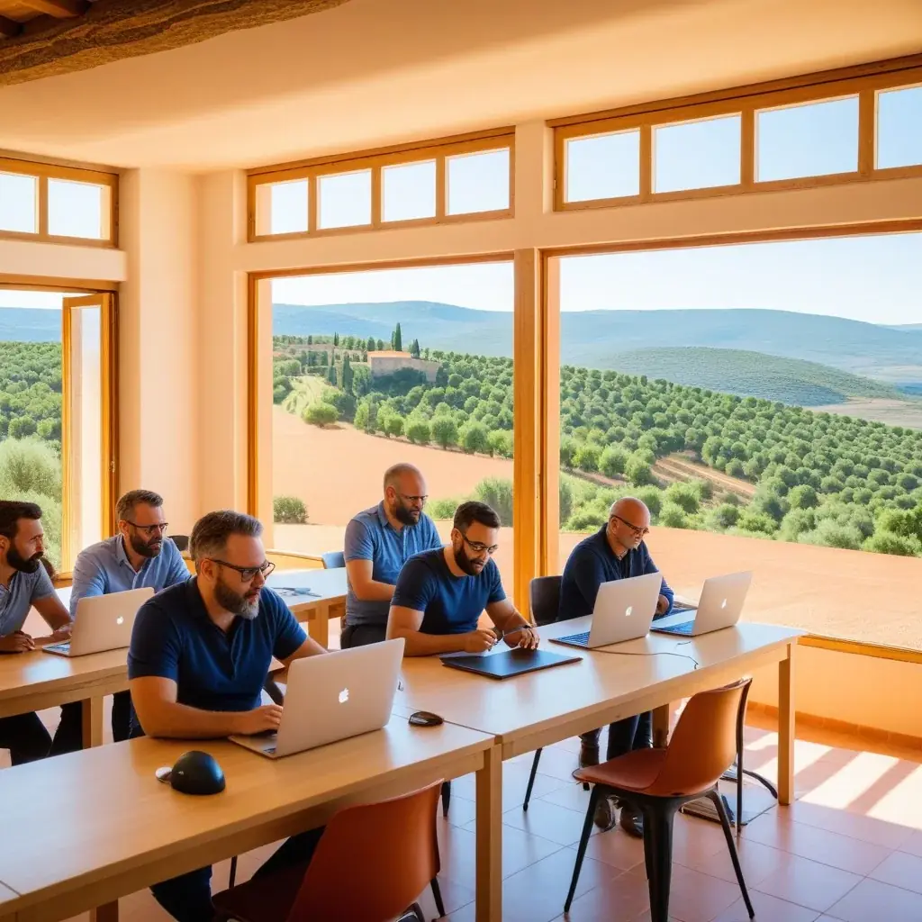 Wide shot of the workshop room with several participants seated at tables focused on their laptops and microphones, warm natural light coming from large windows overlooking the Roussillon landscape.