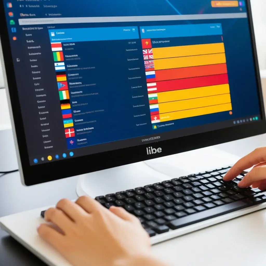 Detail shot of a computer screen displaying the Lingua Libre interface with colorful language flags and audio waveforms, hands typing on keyboard in foreground.