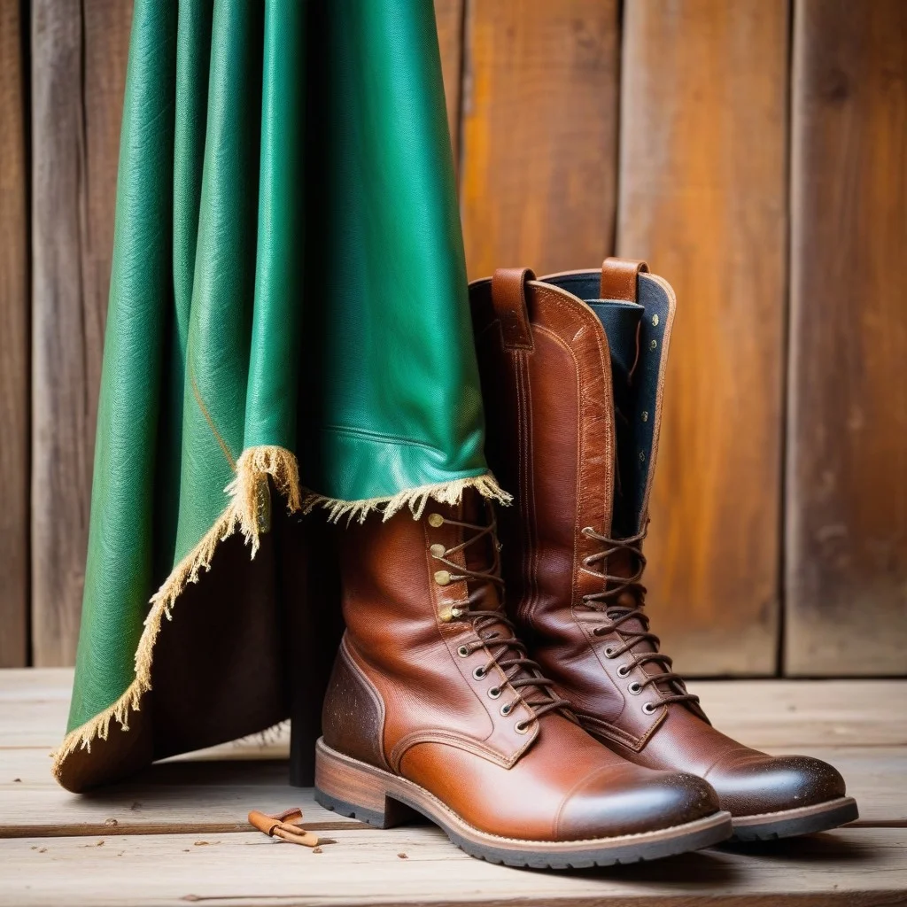 Close-up of a pair of worn leather boots and a tattered green cape hanging on a wooden peg, with a faint, magical dust sparkling in the air around them.