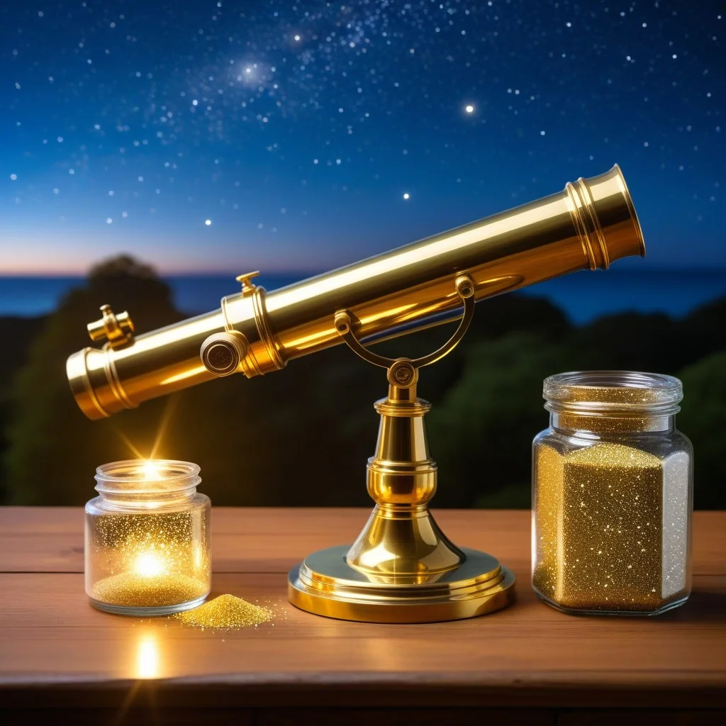 A detailed view of a vintage brass telescope resting on a wooden table, reflecting a starry sky, next to a small, glowing jar of fairy dust.