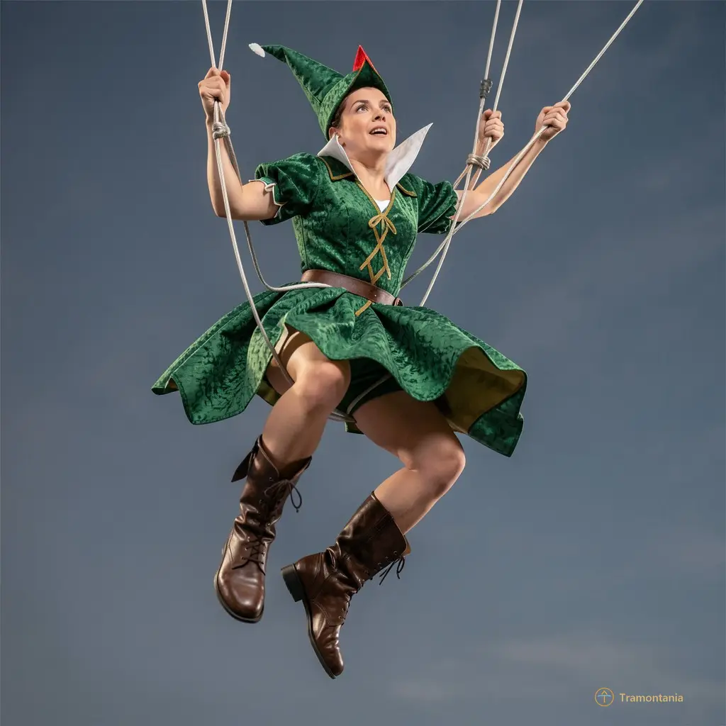 Close-up of a performer in mid-air suspension using wires, wearing a detailed Peter Pan costume with textured green fabric and leather boots