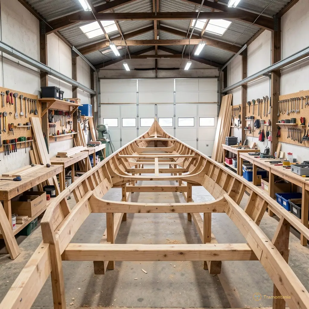 Wide shot of the workshop interior showing wooden boat frames under construction and tools hanging on walls