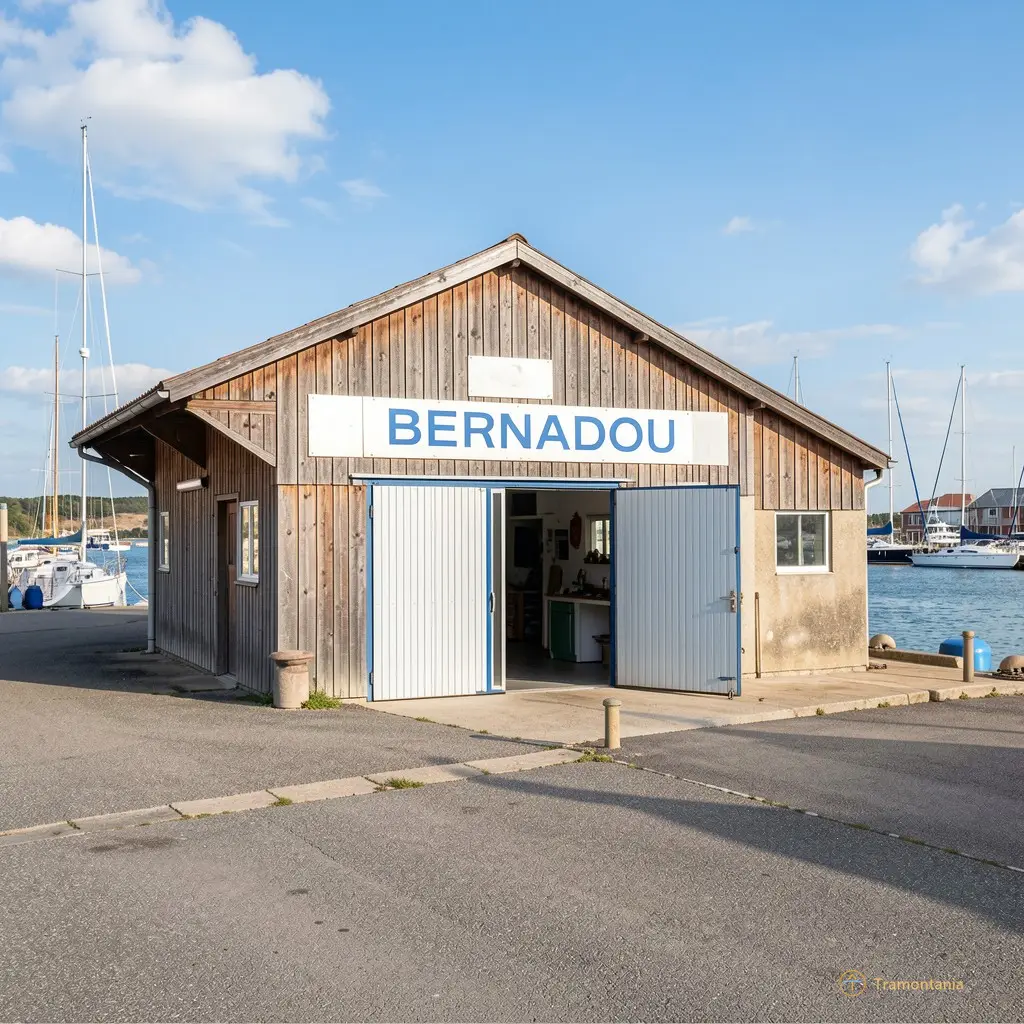 Exterior view of the Bernadou workshop building near the port with boats visible in background