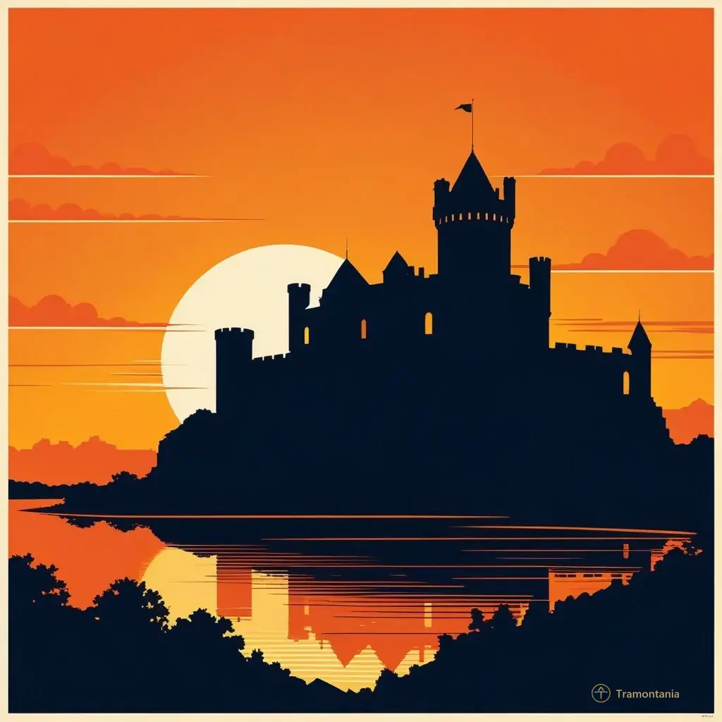 illustration in a retro poster style showing the silhouette of Château vicomtal ruins against an orange sunset