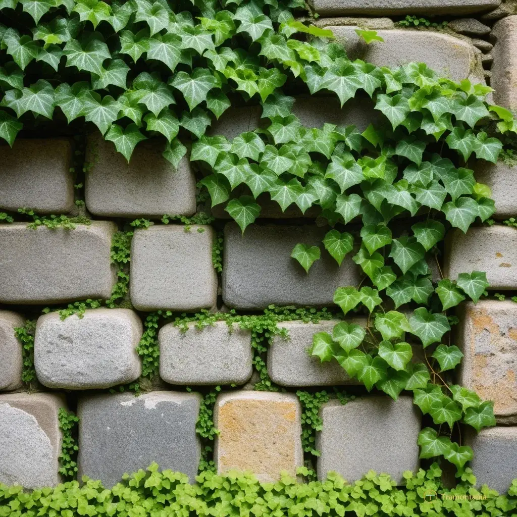 close-up photo of ancient cobblestones and ivy growing on an old wall