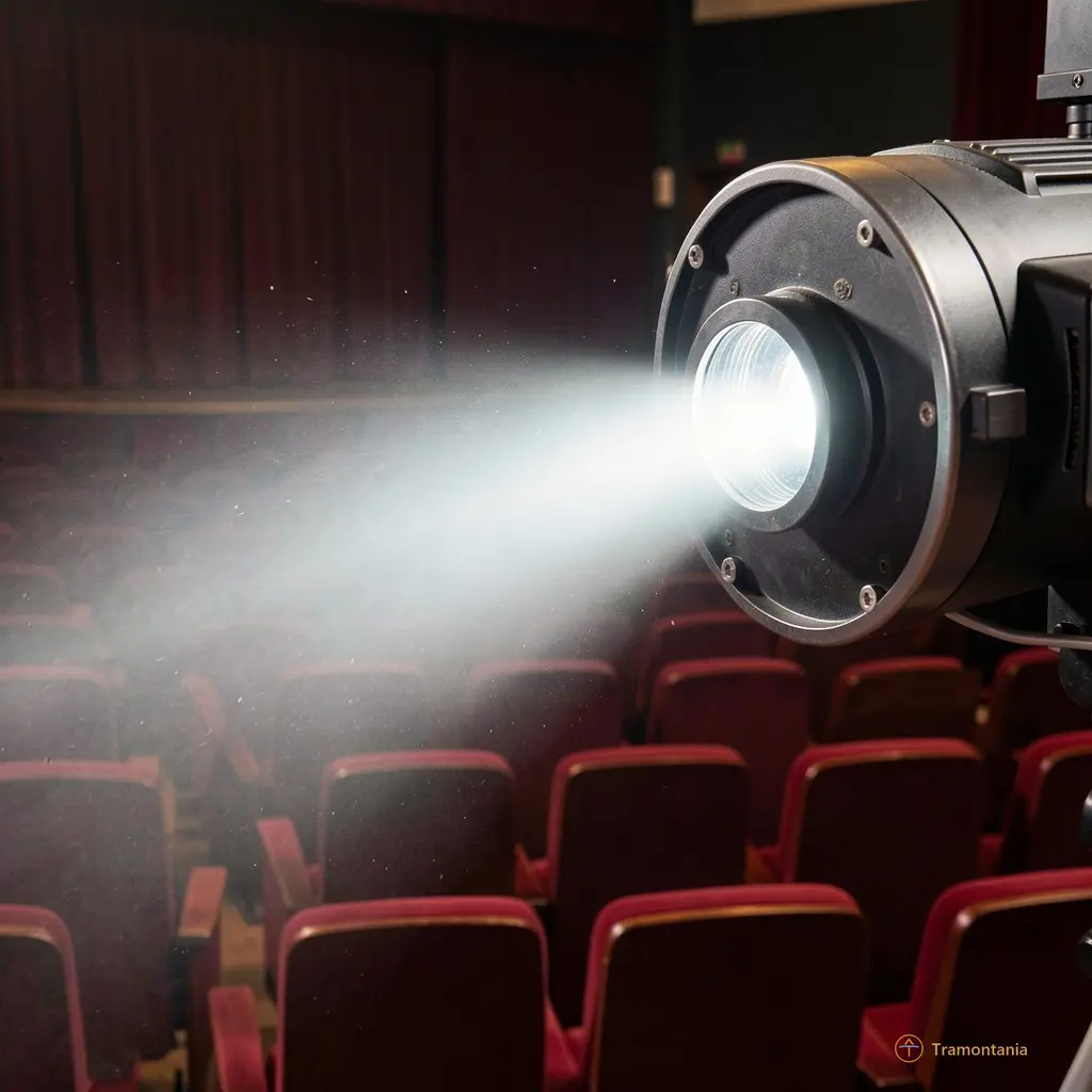 Close-up of a cinema projector beam cutting through dust in an empty theater