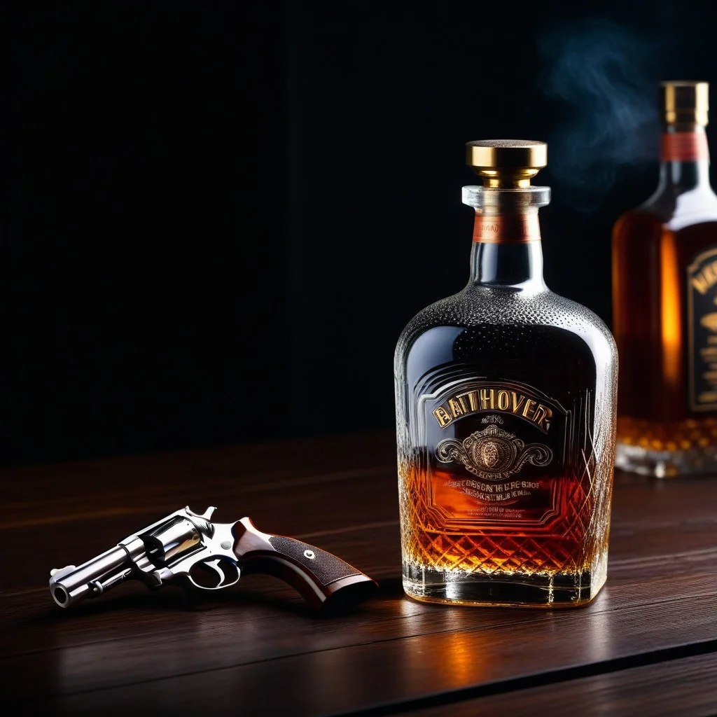 A close-up shot of a vintage glass whiskey bottle with condensation on the glass, sitting on a dark wooden table next to a silver revolver, bathed in warm, low-key lighting typical of a film noir scene.