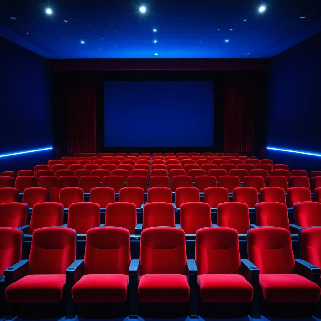 A wide shot of an empty, dimly lit movie theater auditorium with rows of red velvet seats, the screen glowing with a faint blue light, creating a sense of anticipation and mystery.