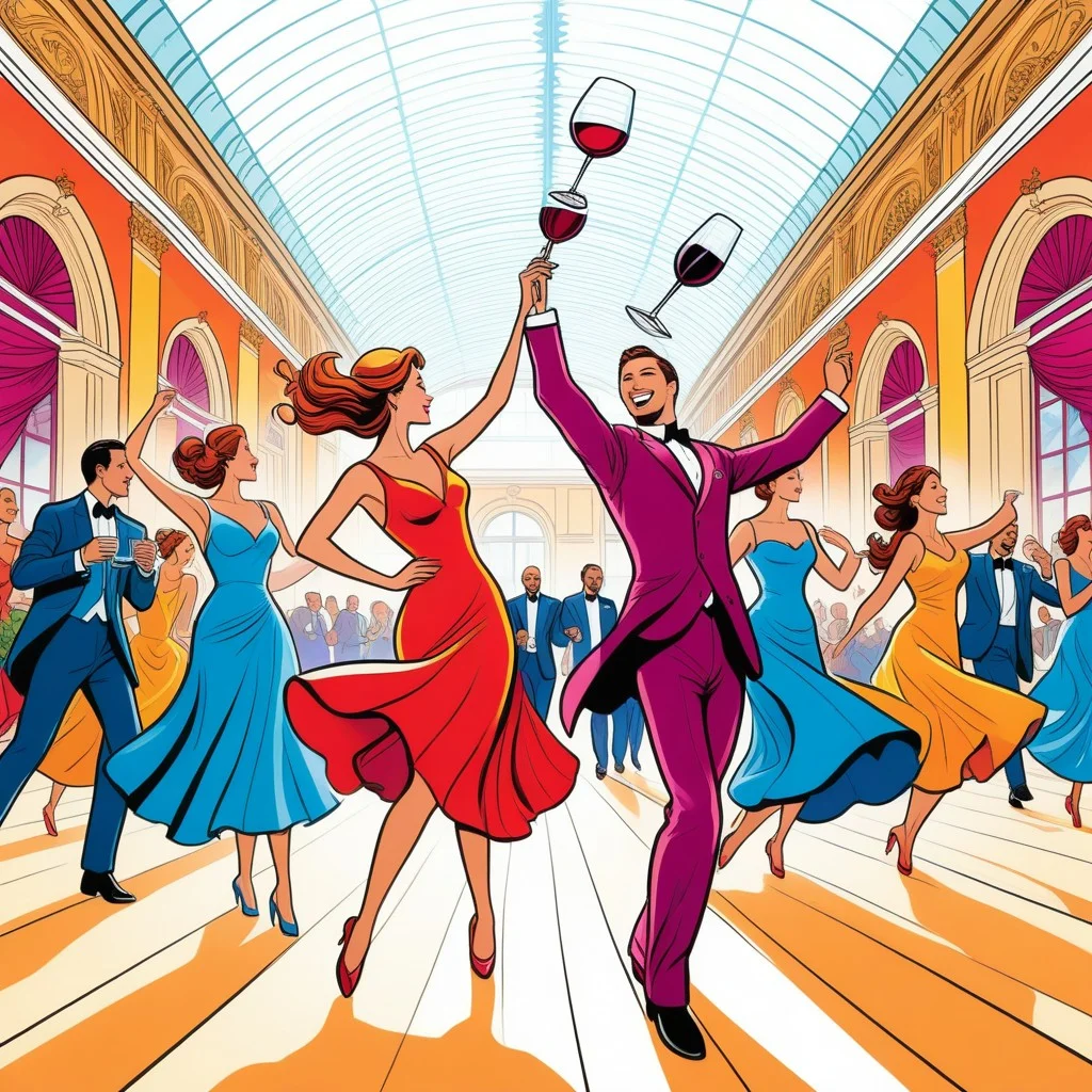 A vibrant, colorful illustration in a comic book style depicting dancers in motion at the Galerie des Hospices, with swirling lines representing music and wine glasses in the background.