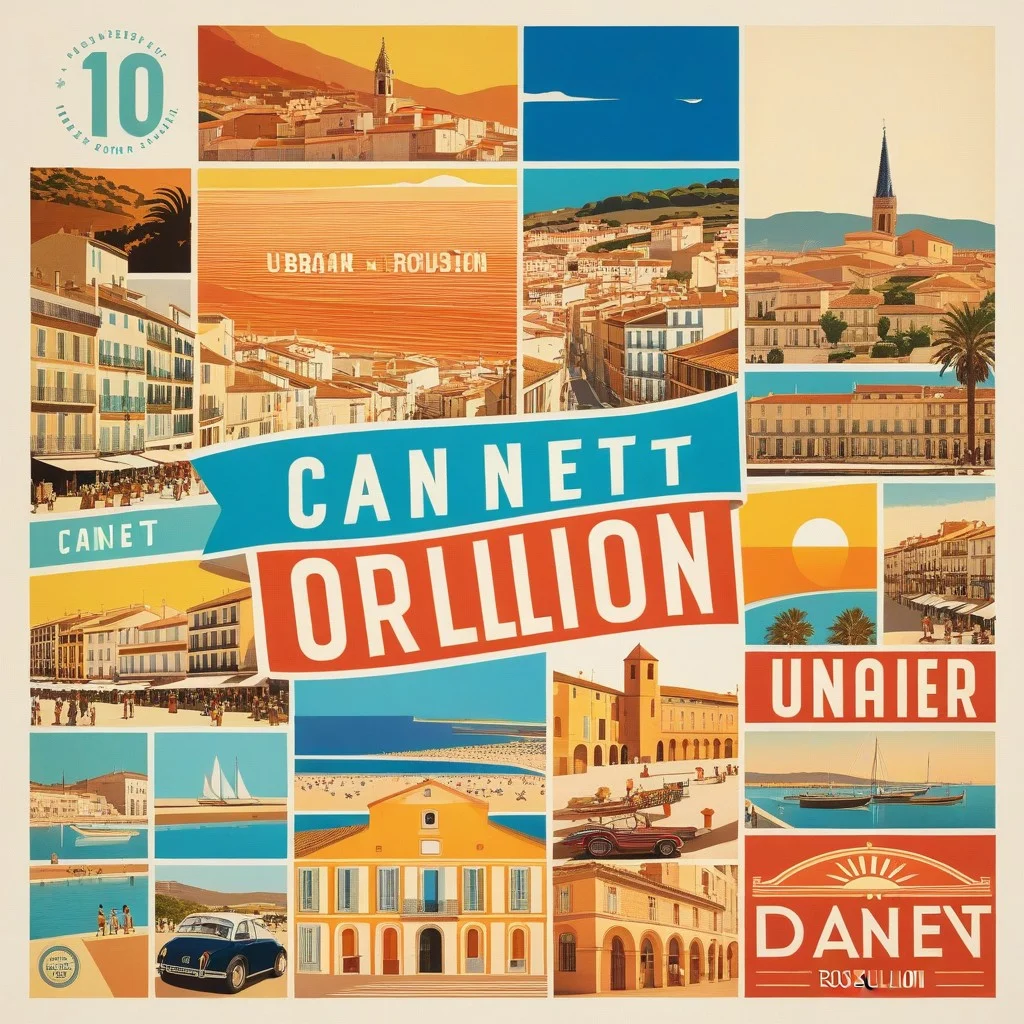 A retro-style poster collage featuring vintage photos of Canet-en-Roussillon's urban evolution, overlaid with bold typography announcing the European Heritage Days.