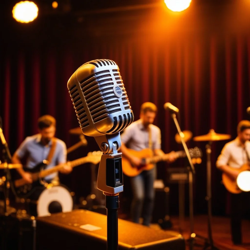 Close-up of a vintage microphone on a stand, blurred background of a band playing instruments, warm stage lighting creating a cozy yet energetic atmosphere, focus on the texture of the mic.