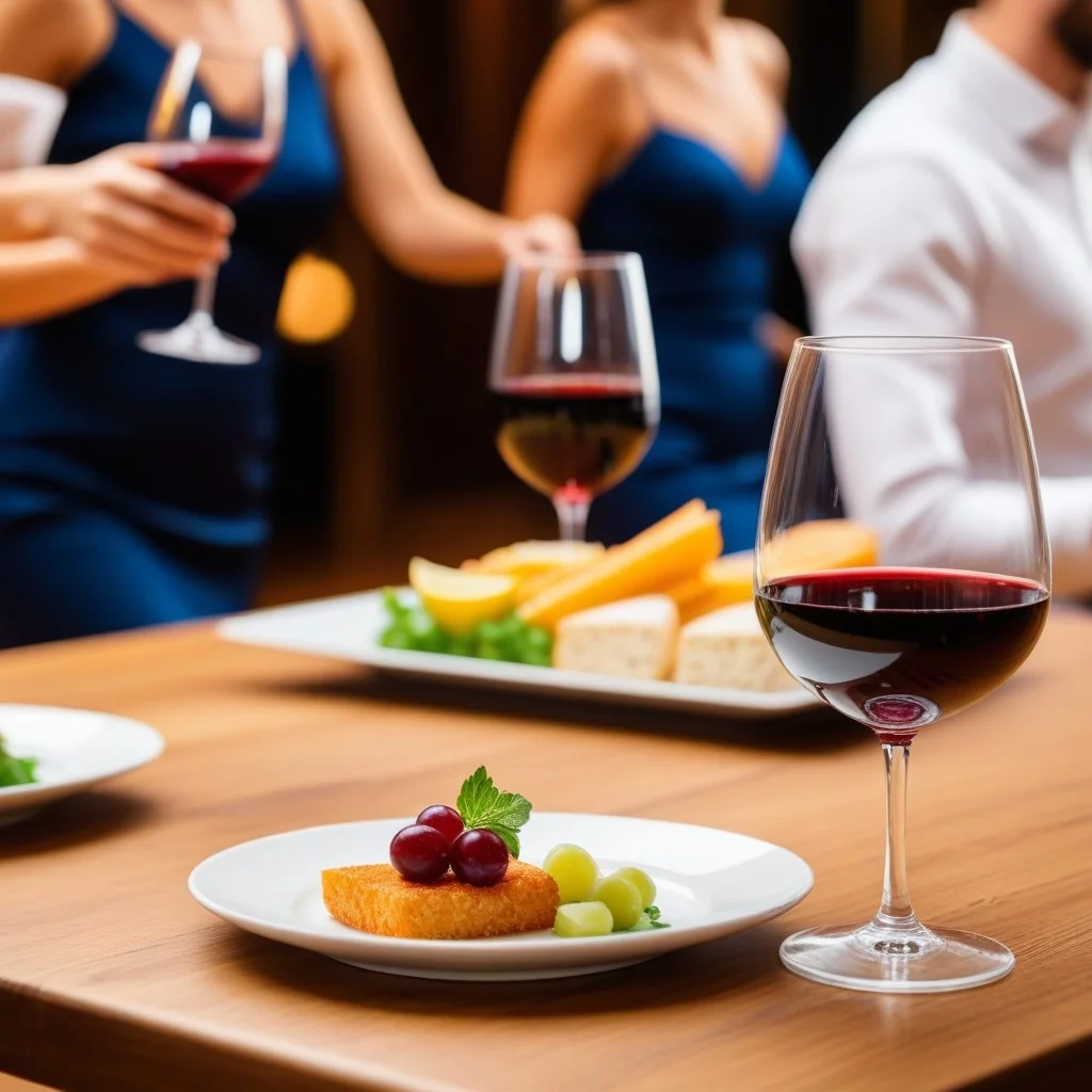 Detail shot of a glass of red wine and a plate of simple, appetizing food on a wooden table, with the blurred motion of dancers in the background, capturing the sensory experience of the event.