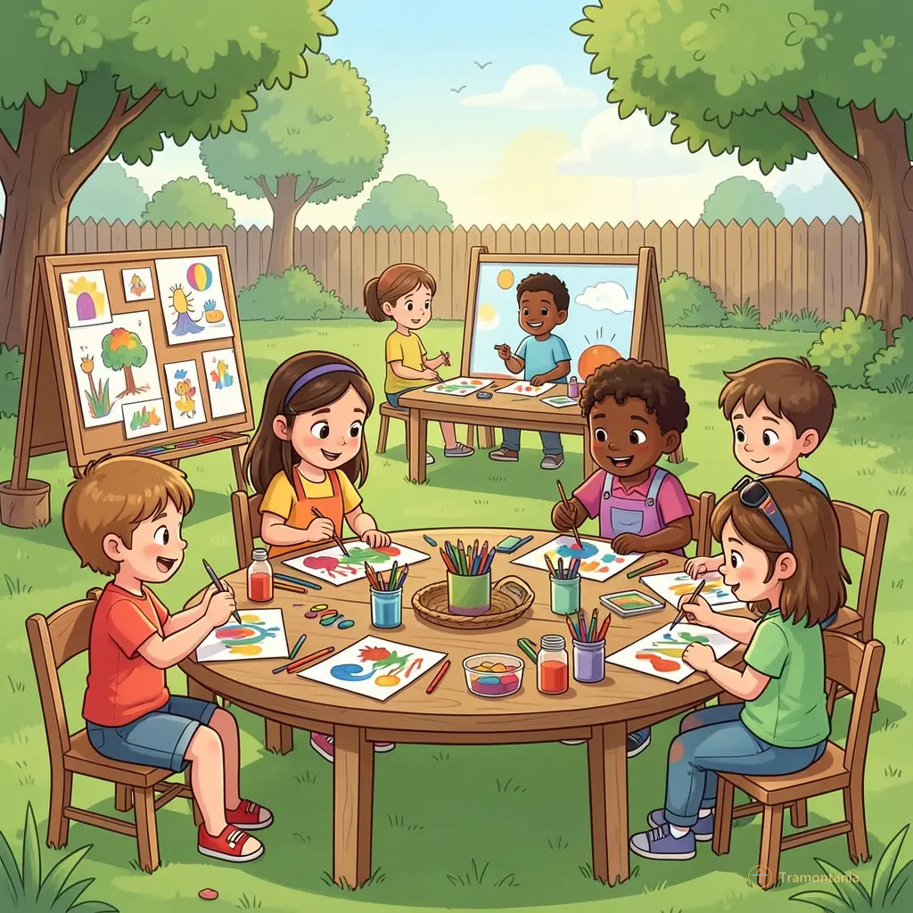Illustration of diverse kids painting and crafting at outdoor tables