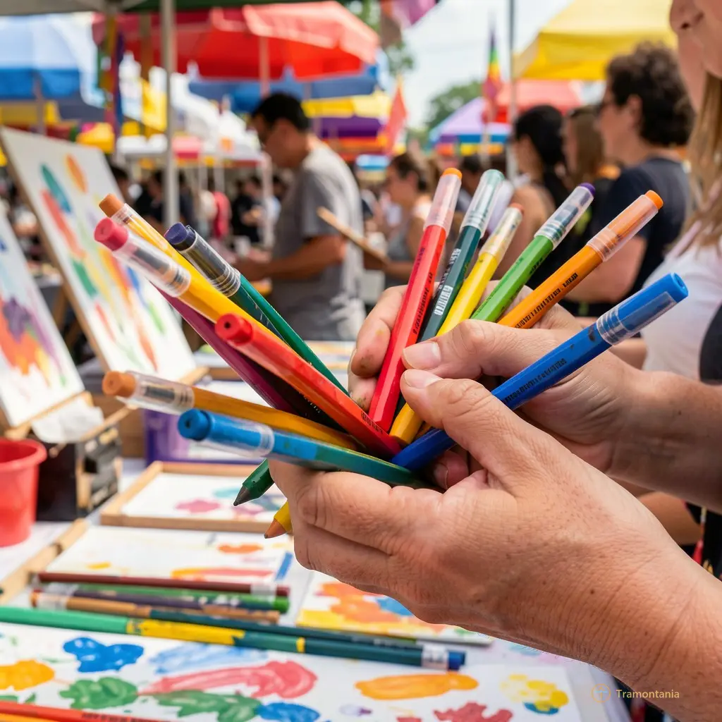 Close-up of hands holding colorful art supplies at a festival