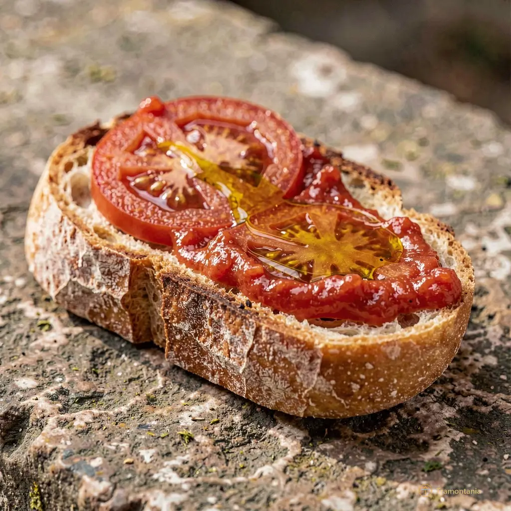 Close-up of a traditional Catalan 'pa amb tomàquet' with crusty bread rubbed with ripe tomato and olive oil on a stone table