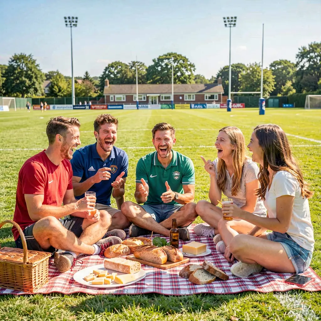 A group of friends laughing around a picnic blanket on the grass near a rugby field, sharing bread and cheese under bright sunlight