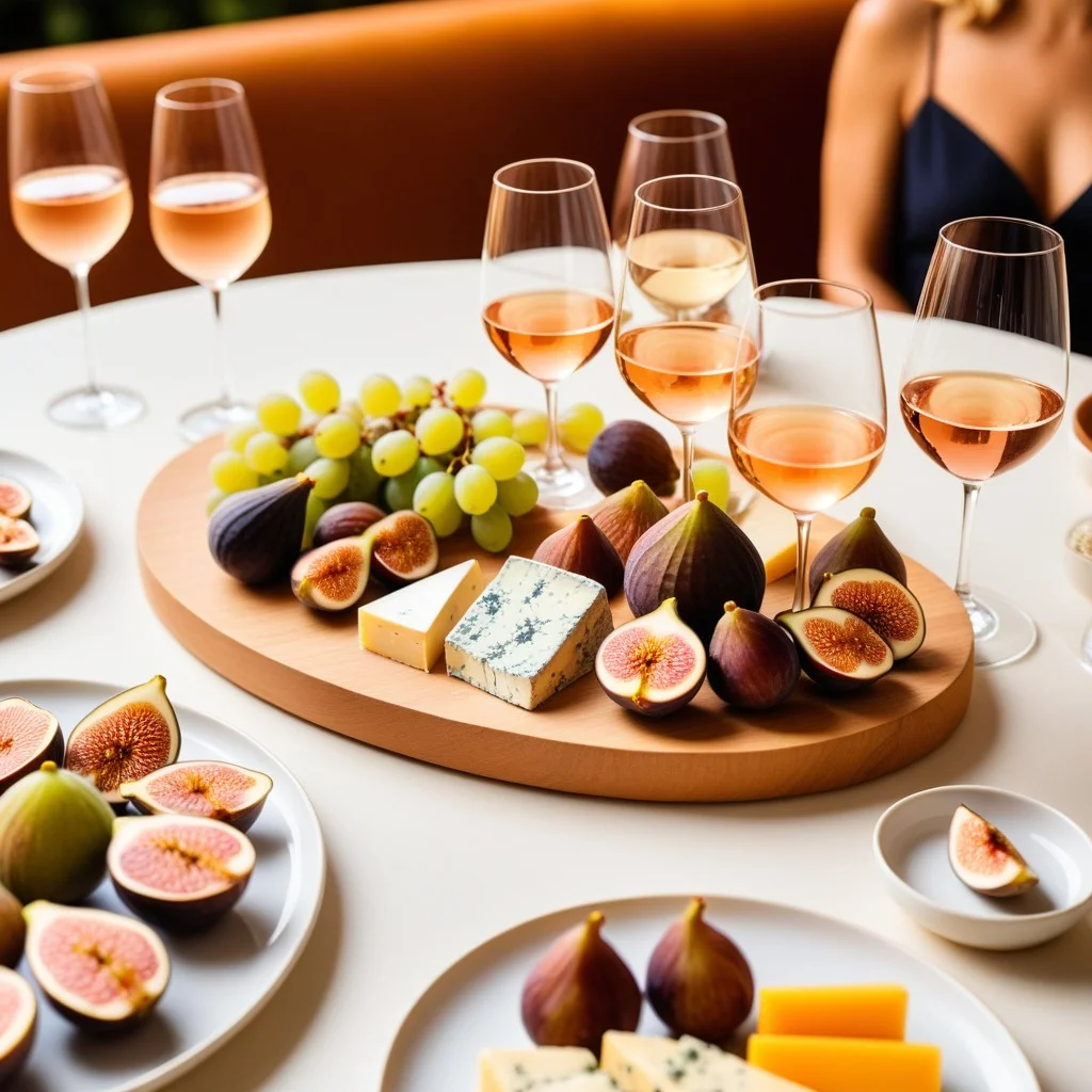 A wide-angle view of a long tasting table set with multiple glasses of white and rosé sparkling wines, accompanied by small plates of local cheeses and fresh figs, under soft, inviting amber lighting.