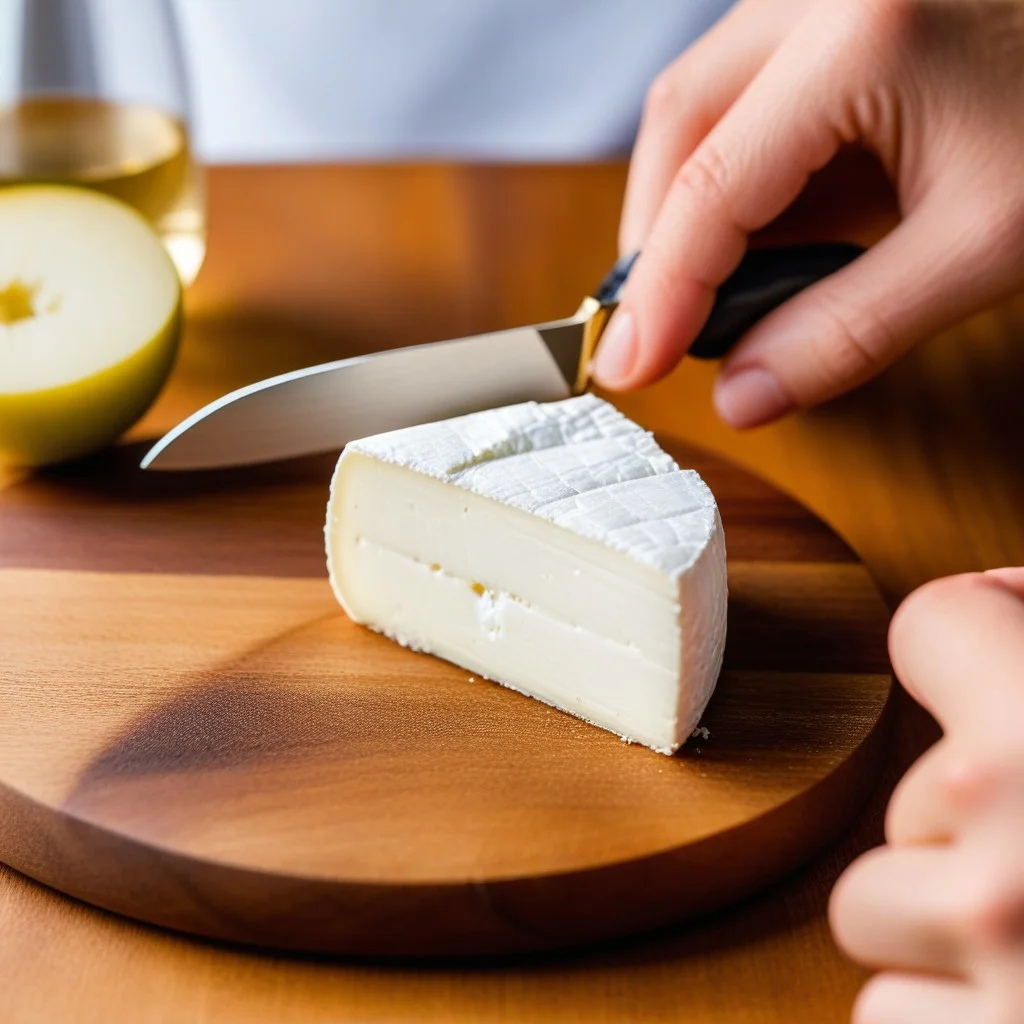 A detailed macro shot of a hand holding a small, artisanal piece of goat cheese on a wooden board, with a knife resting beside it, suggesting a perfect pairing with sparkling wine.