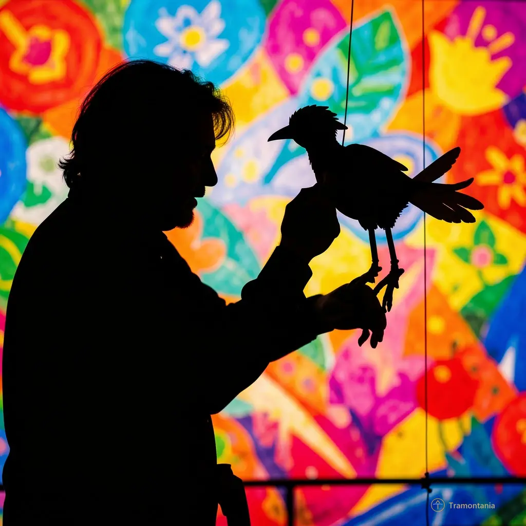 Silhouette of a puppeteer manipulating a bird-like figure against a bright, colorful backdrop