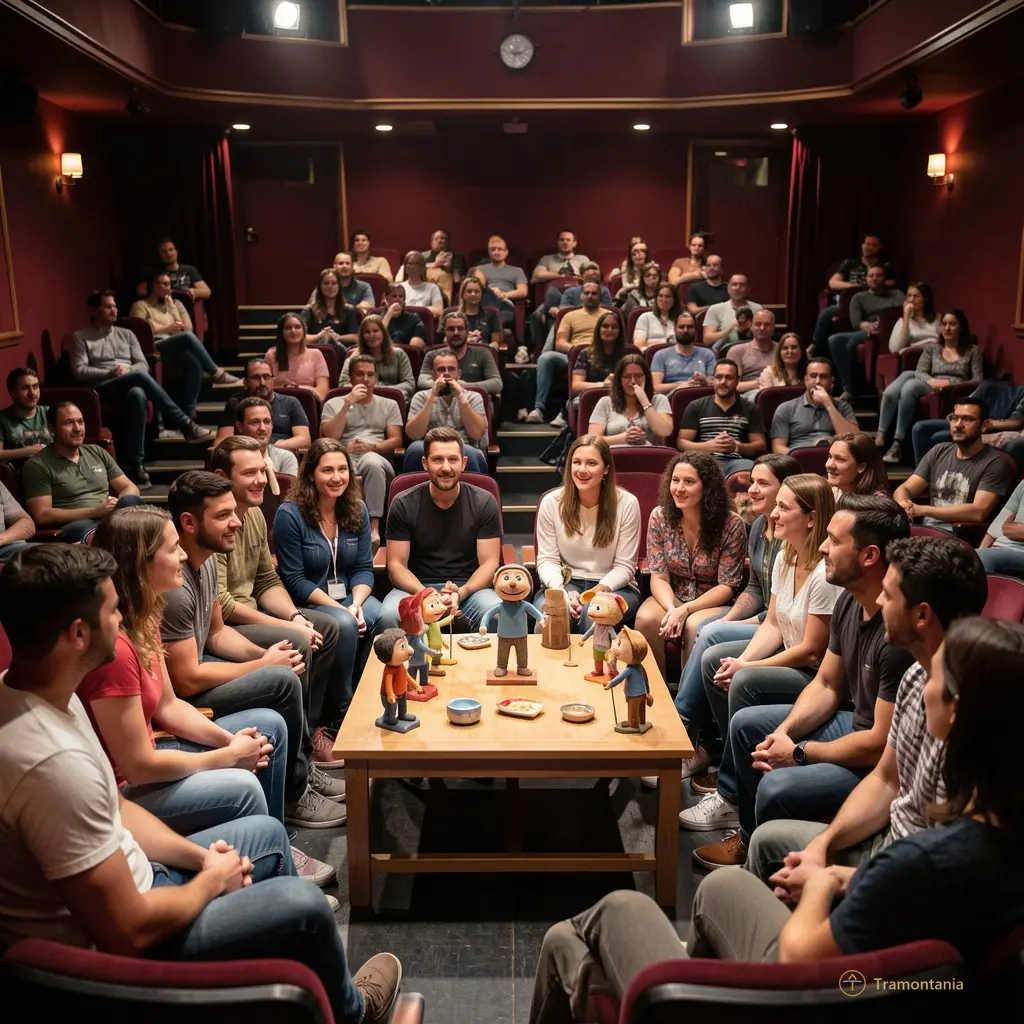 Wide shot of the audience seated closely around a low table puppet stage in an intimate theater setting