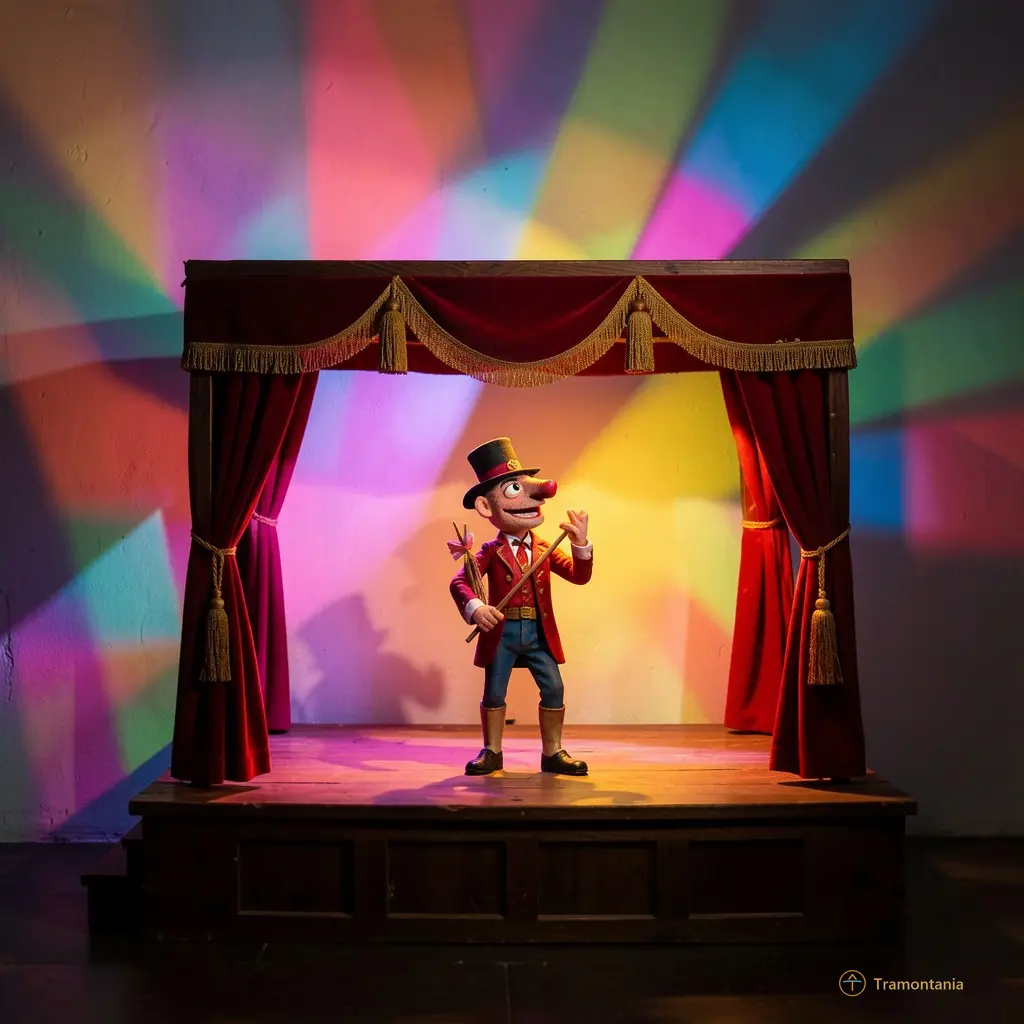 Dynamic shot of the puppet stage with colorful shadows cast on the wall behind it