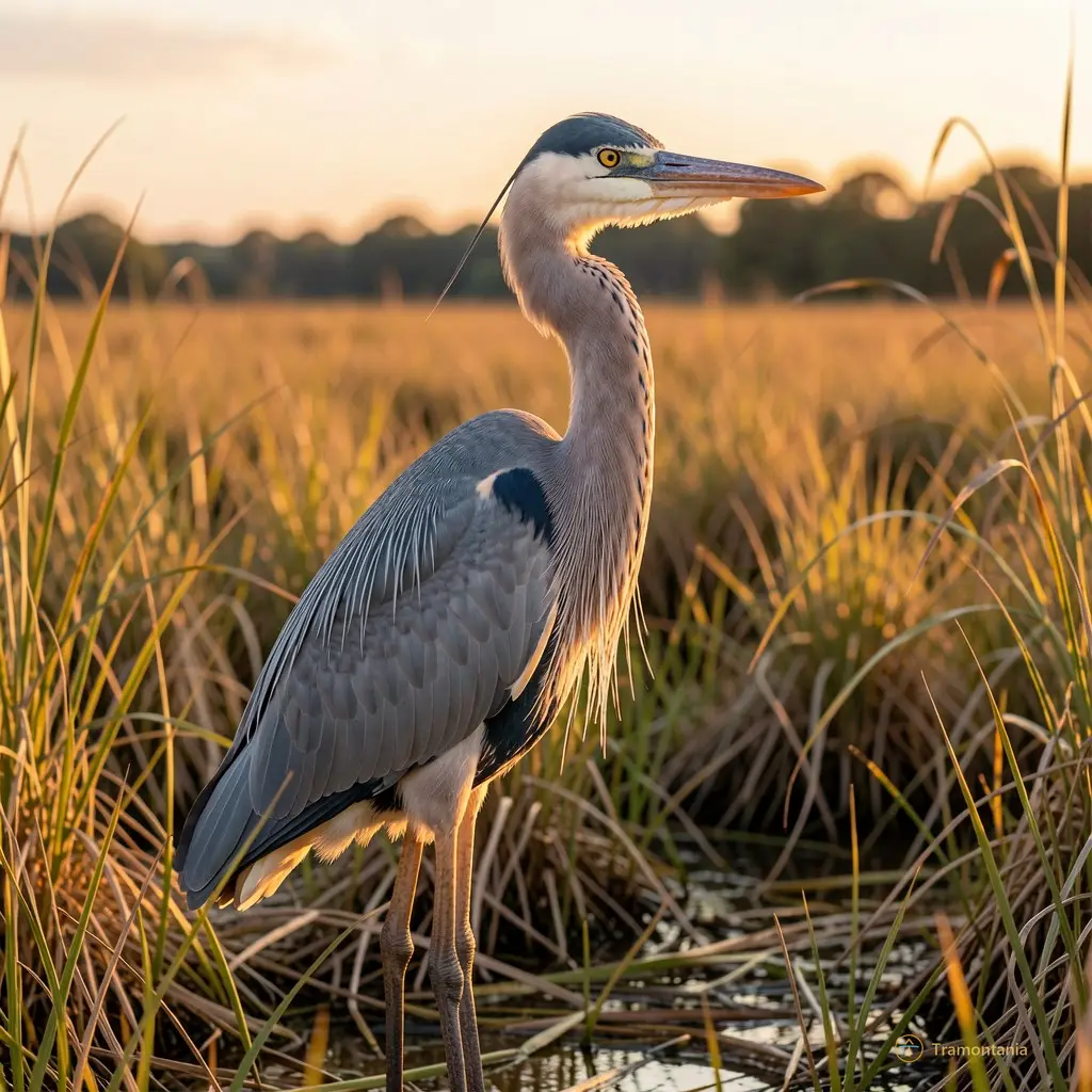 Close-up of a heron standing still in the marshland at dawn