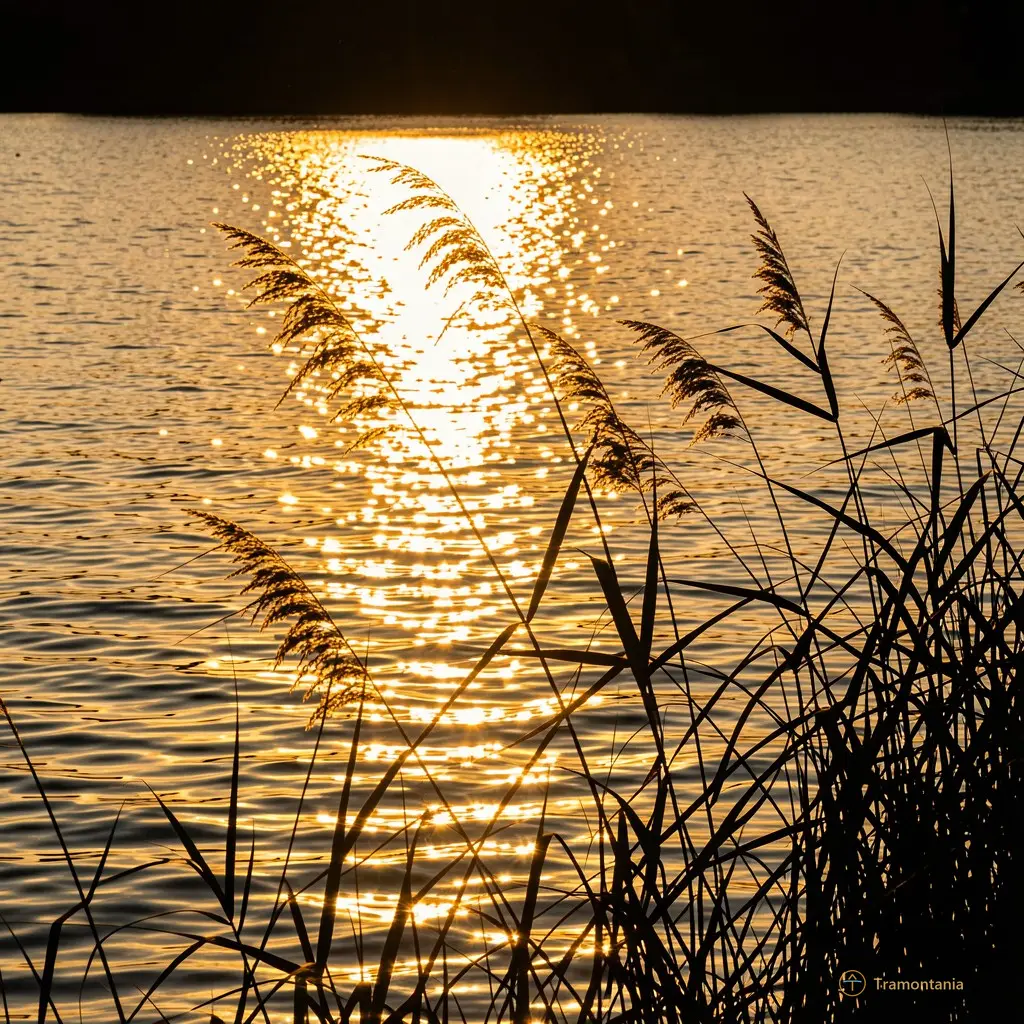 Golden sunlight reflecting off the water surface with a silhouette of reeds in foreground