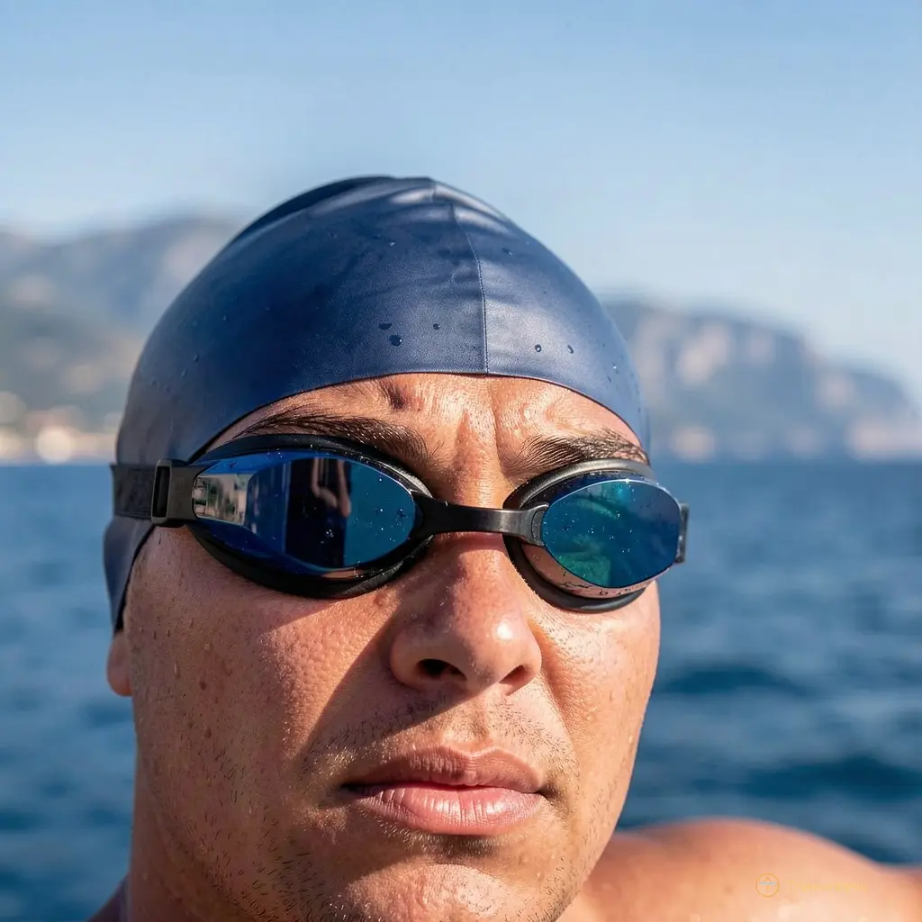 Close up of a swimmer's goggles and cap with the Mediterranean horizon blurred in background