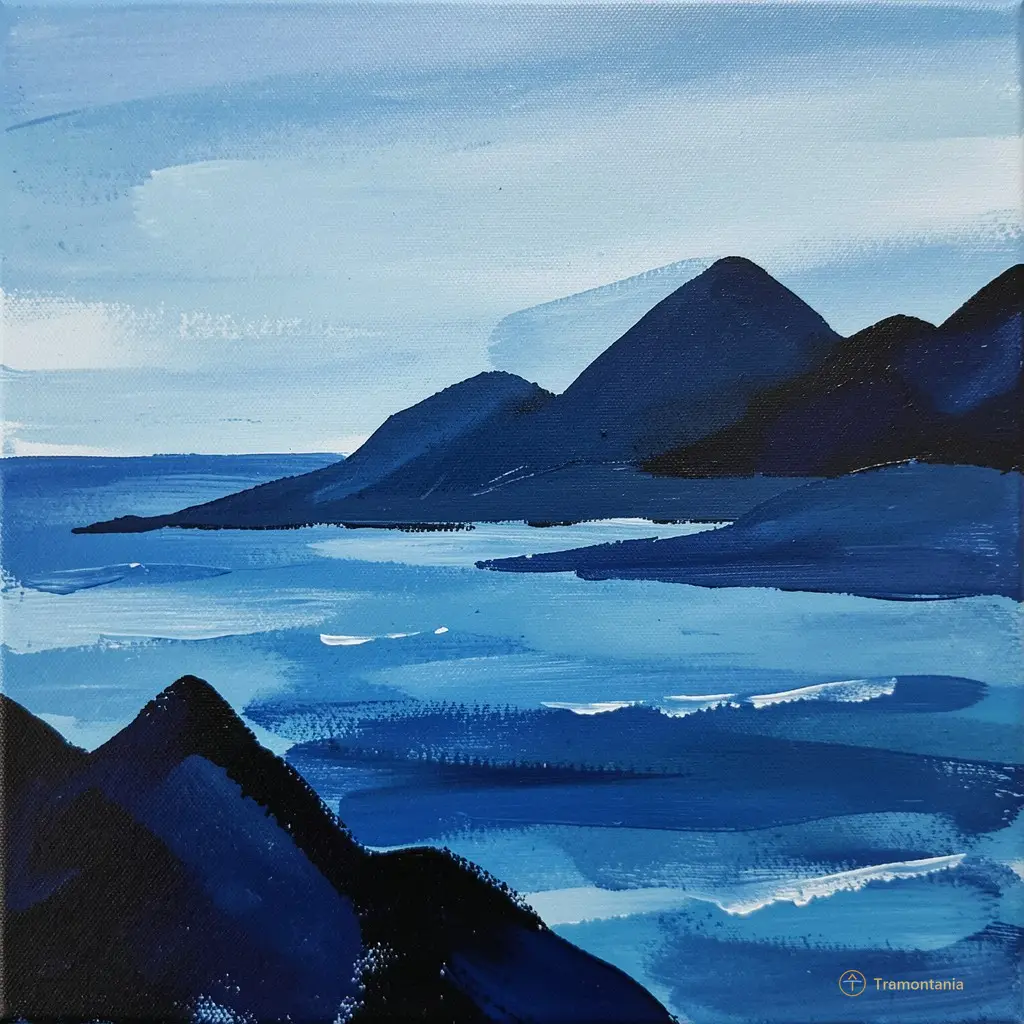Close-up of an abstract painting showing blue sea tones merging with dark mountain silhouettes