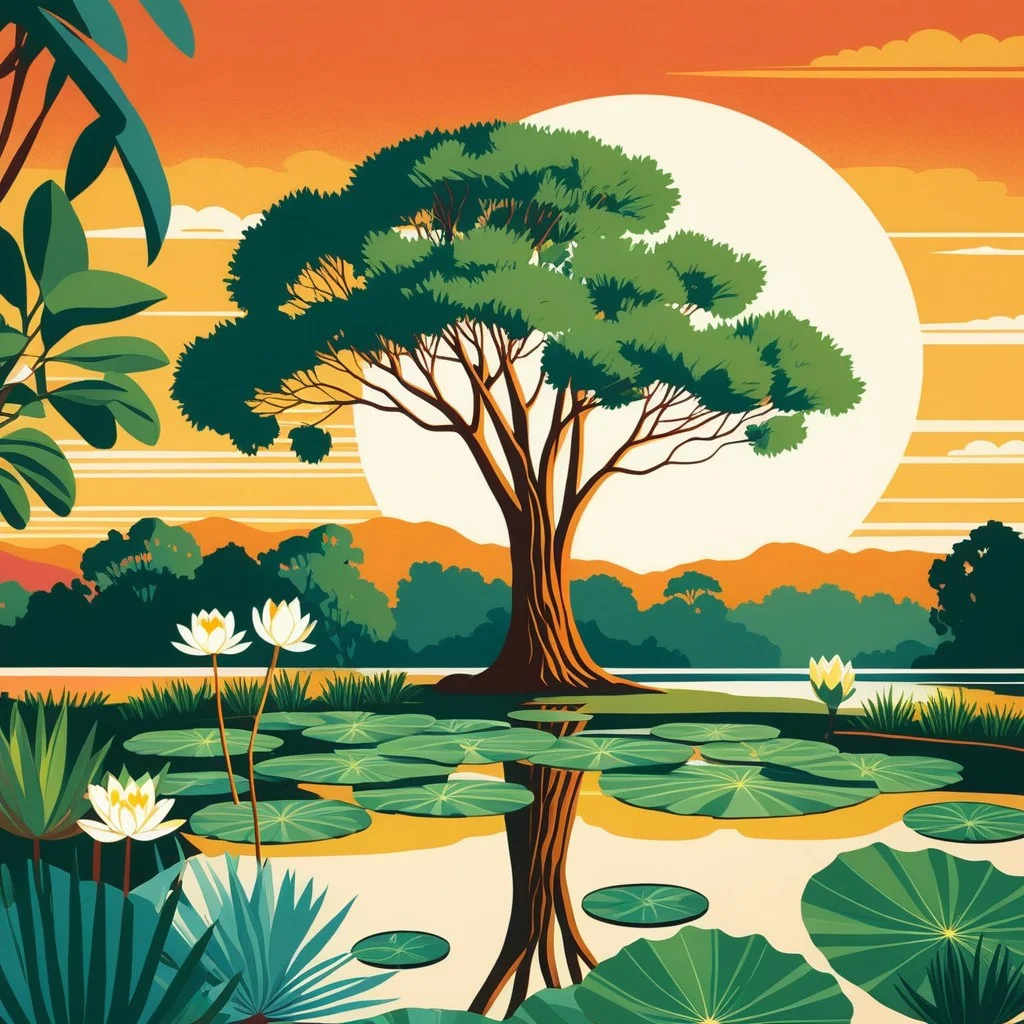 A vibrant, retro-style poster illustration featuring a stylized eucalyptus tree and a water lily pond, using a palette of deep greens and soft golds to evoke a Mediterranean sunset atmosphere.