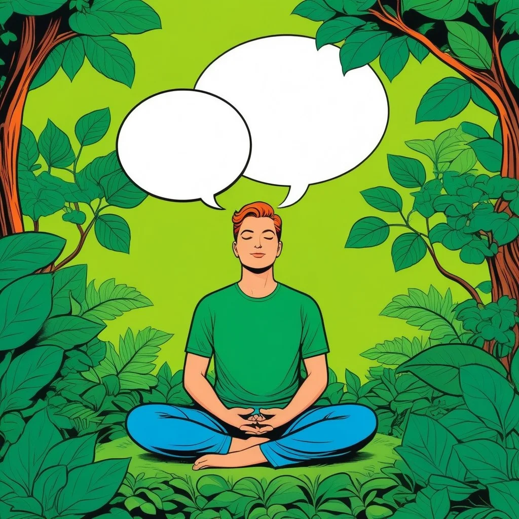 A whimsical comic book style illustration of a person sitting in a meditative pose amidst lush green foliage, with speech bubbles containing abstract symbols of breathing and calm, rendered in bright, saturated colors.