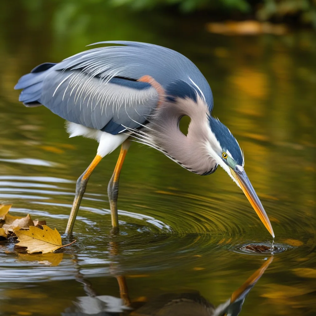 Close-up of a heron's leg stepping carefully through a shallow, clear stream. The water reflects the surrounding greenery, and a few fallen leaves float on the surface. The focus is sharp on the texture of the bird's skin and the ripples in the water.