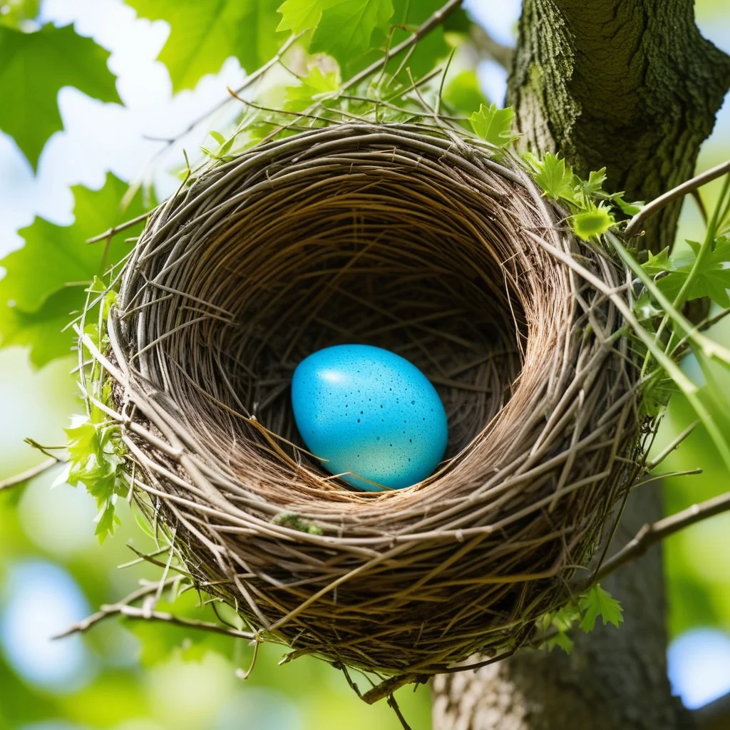 A detailed view of a bird's nest woven into the thick branches of an old oak tree. The nest is made of twigs and grass, and a single, bright blue egg is visible in the center. The background is a soft blur of green leaves, creating a sense of depth and tranquility.