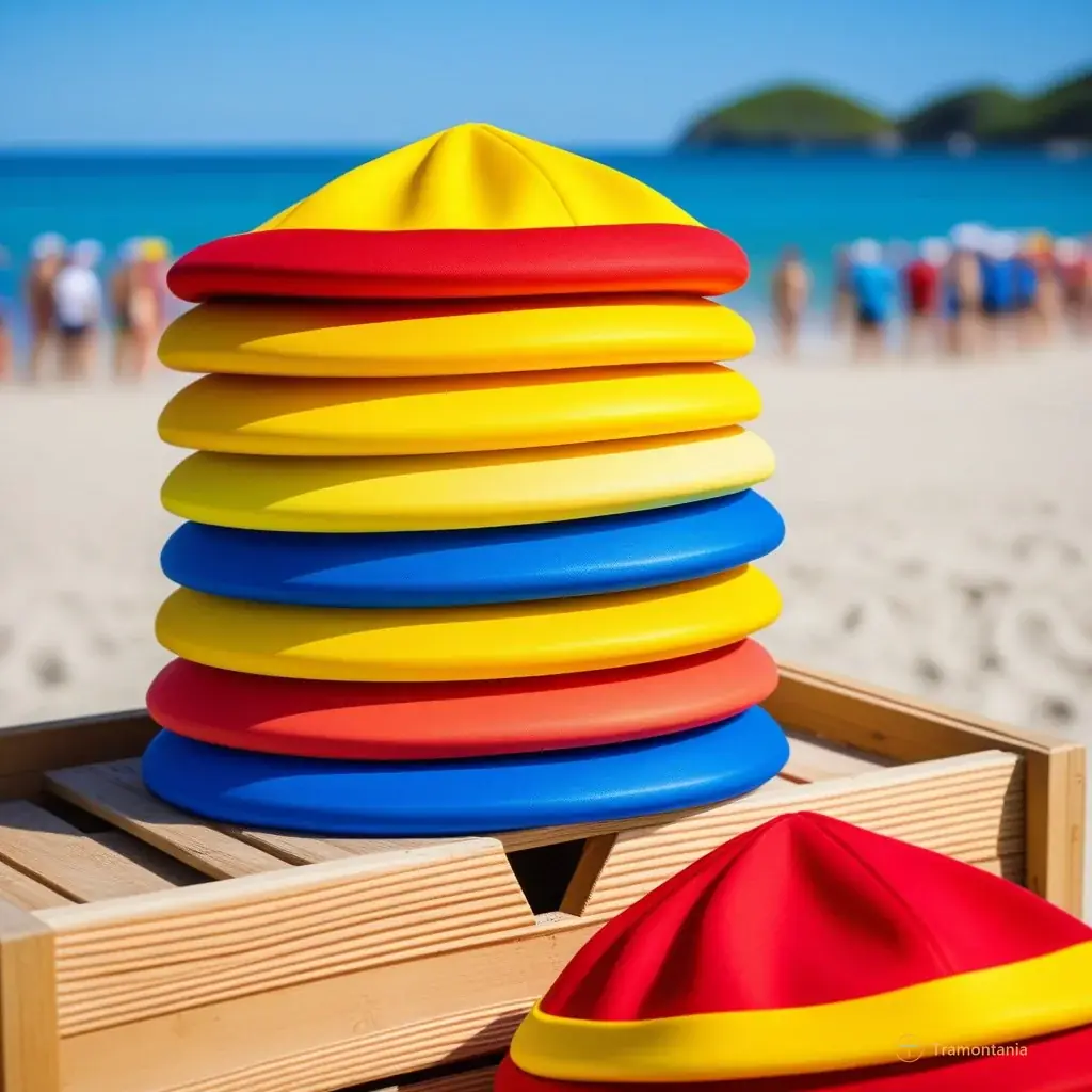 Close-up of a stack of colorful swim caps (red, yellow, blue) piled on a wooden crate near the beach entrance, with blurred background showing people preparing for swimming and ropes marking the course in the sand.