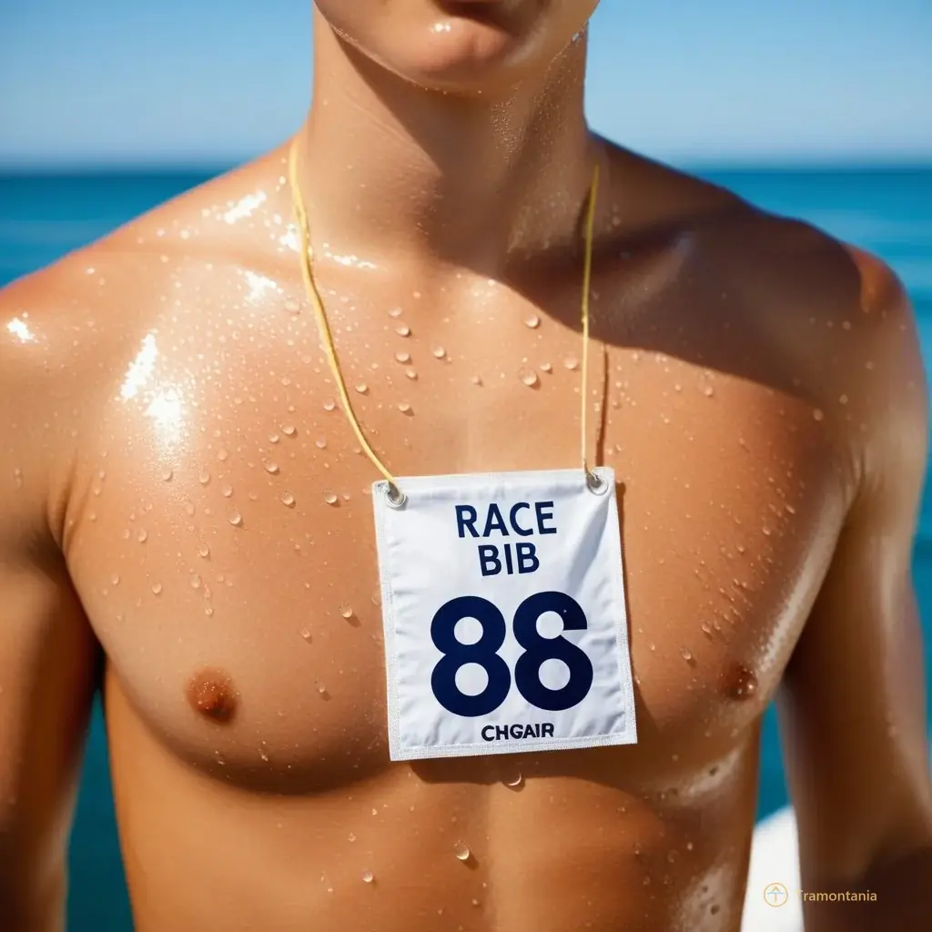 Detail shot of a wet swimmer's hand holding a race bib number pinned to the chest, with droplets of water on skin and fabric, soft natural lighting highlighting the texture of the paper and the calm sea in the out-of-focus background.