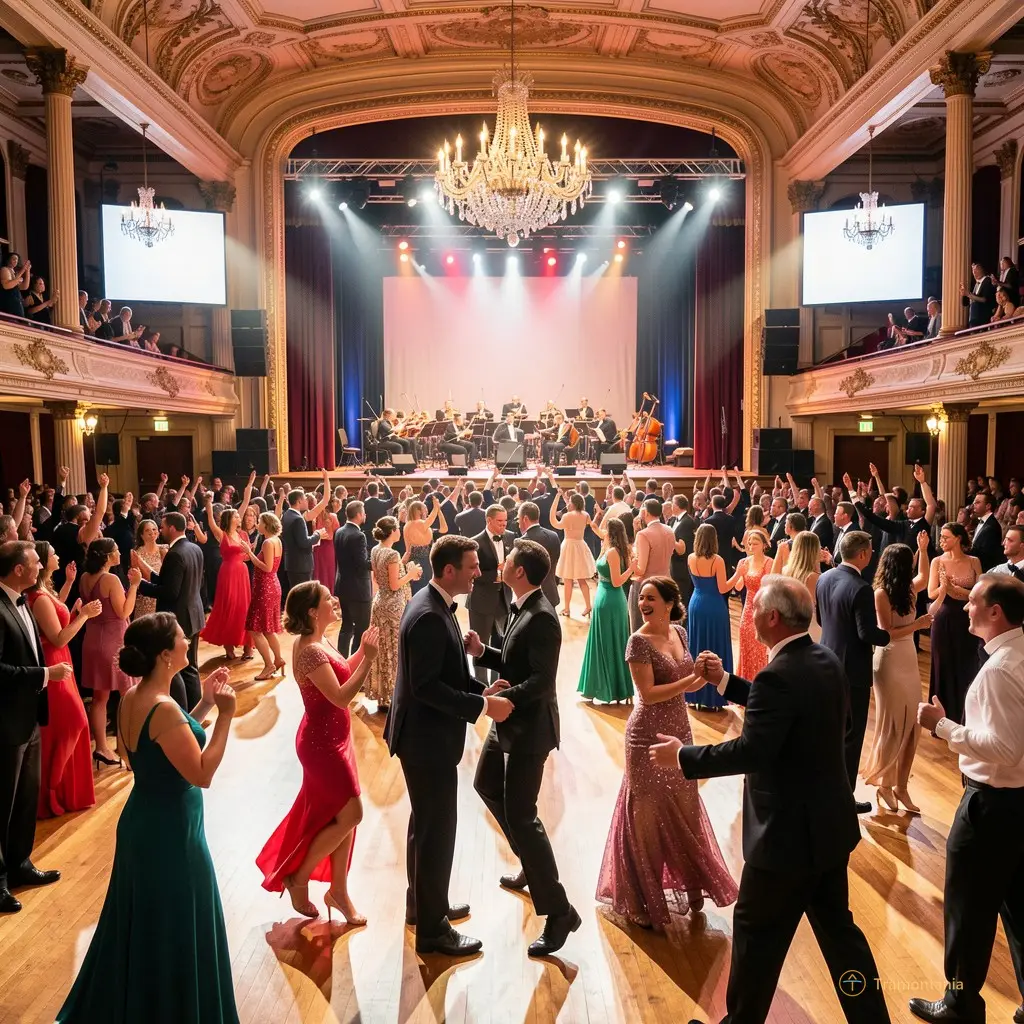 Wide shot of a lively dance hall with people dancing and an orchestra performing on stage under bright lights