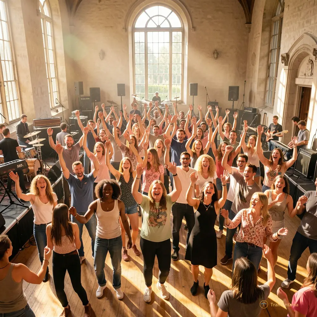 Crowd of happy dancers in a sunlit hall with visible band equipment and energetic atmosphere