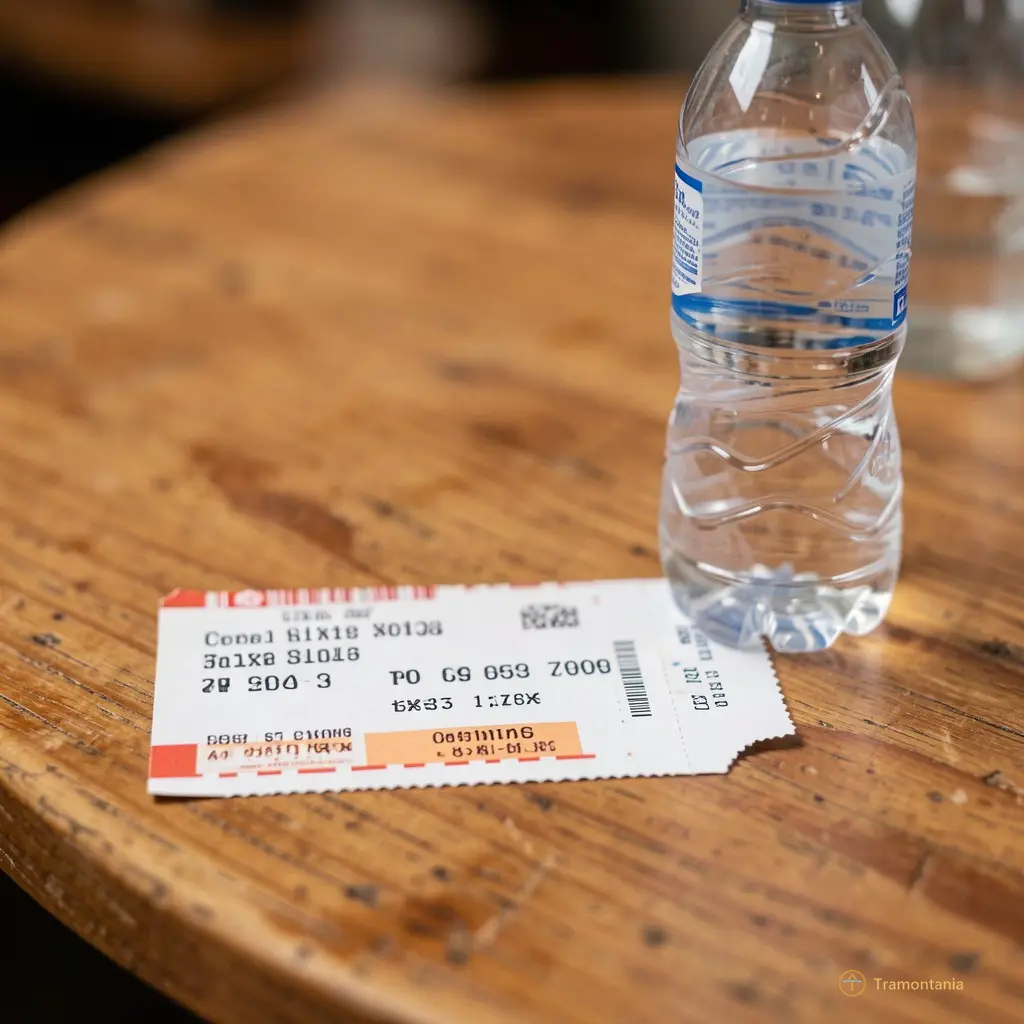 Close-up of a ticket stub and a bottle of water on a wooden table with blurred background