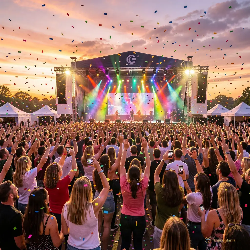 Wide shot of a lively crowd dancing at sunset with vibrant stage lighting and confetti in the air