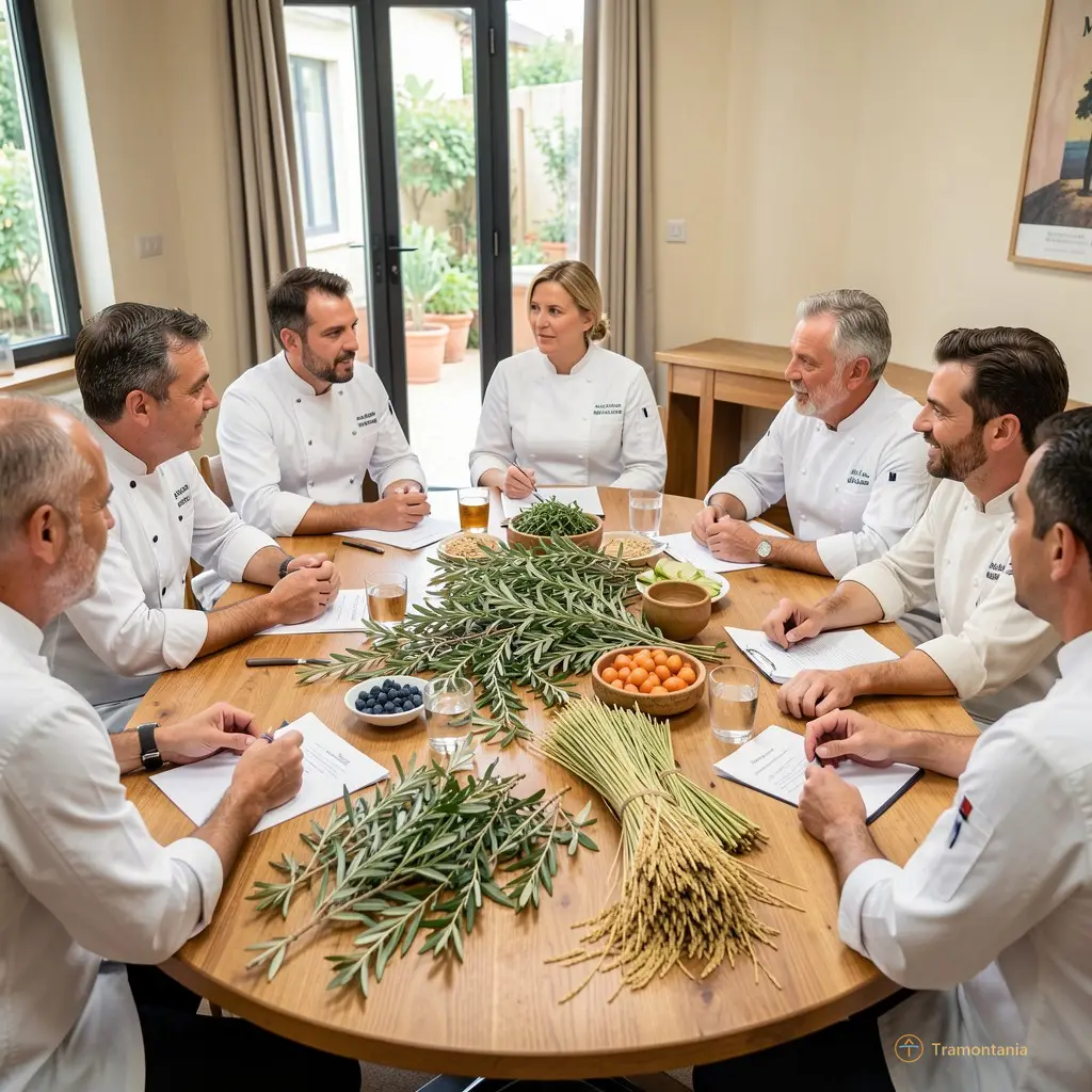 A roundtable discussion in progress with chefs and local experts seated around a table filled with fresh ingredients like olive branches and rice stalks