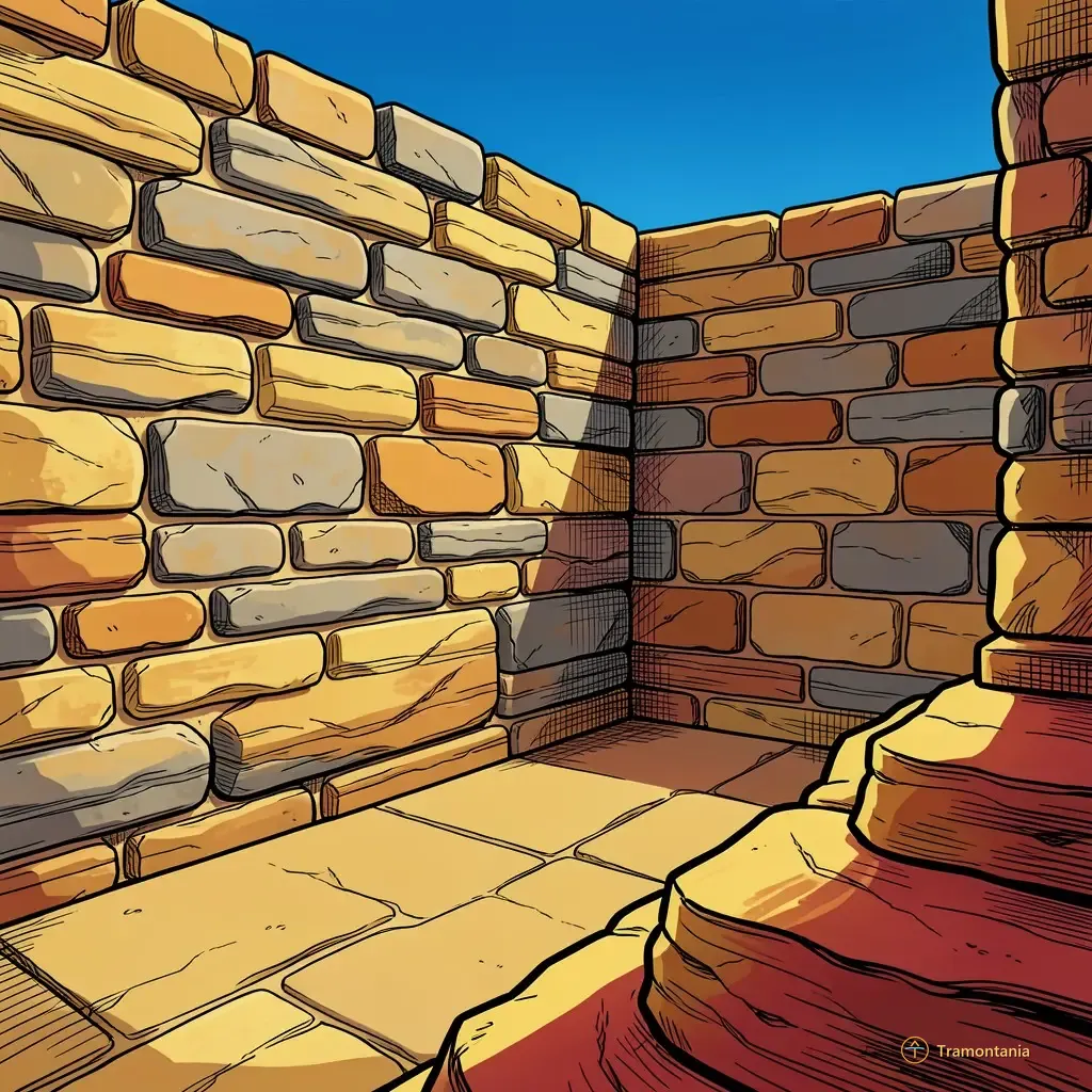 Nino, l'âne de Tramontania — Un mur de pierre brute présente des couches sédimentaires et un mélange ocre-gris sous le soleil éclatant