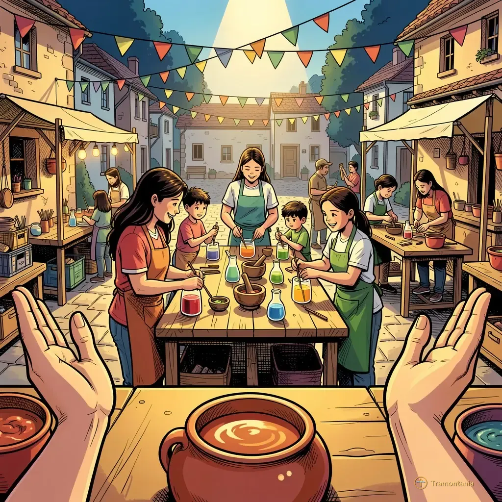 Nino, l'âne de Tramontania — Des groupes travaillent autour de tables en bois dans l'atelier extérieur, mélangeant des liquides colorés ou fabriquant des objets artisanaux