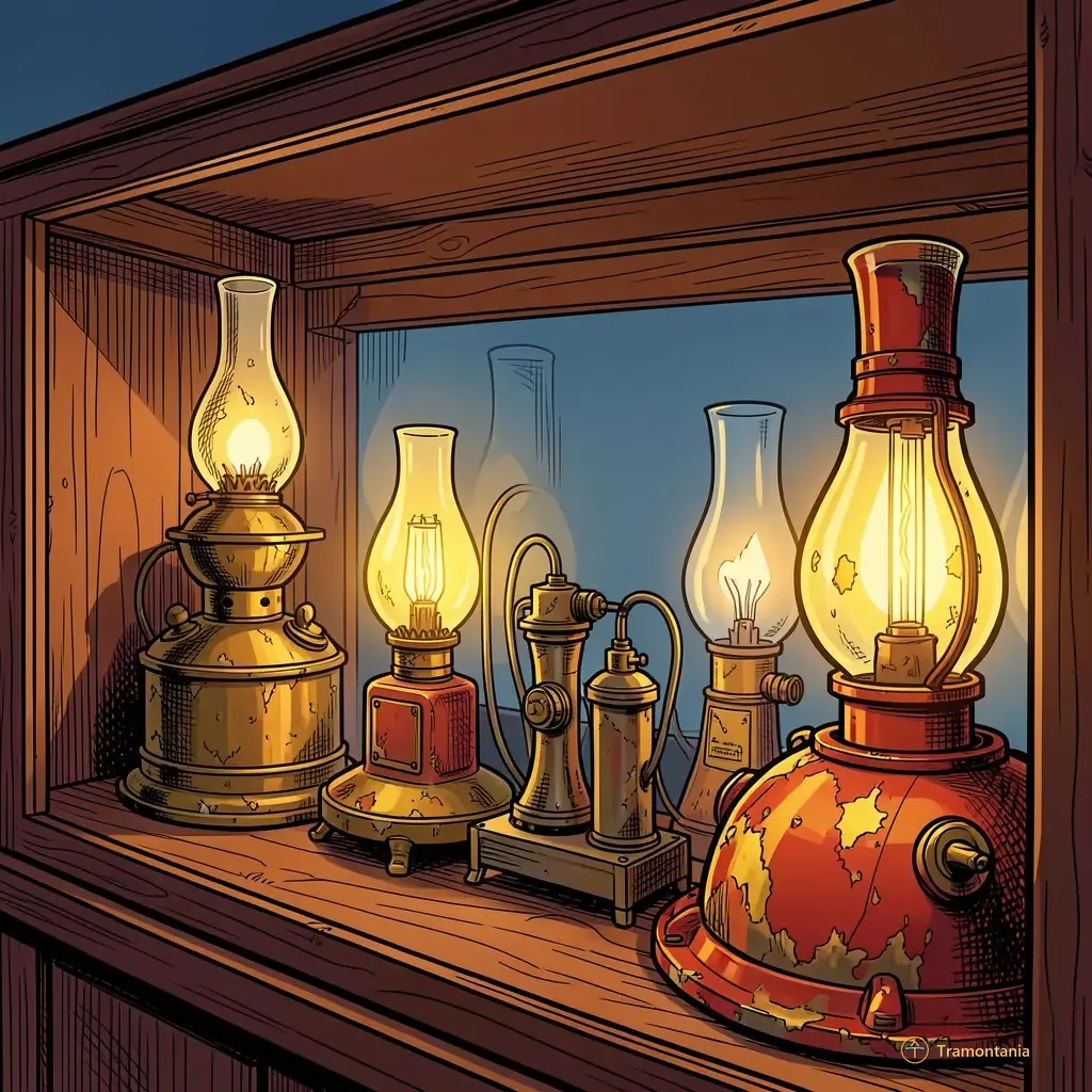 Close-up shot of a historical lighting mechanism display case, featuring oil lamps and early electrical components on dark wood, emphasizing the patina and wear of the materials in museum light.