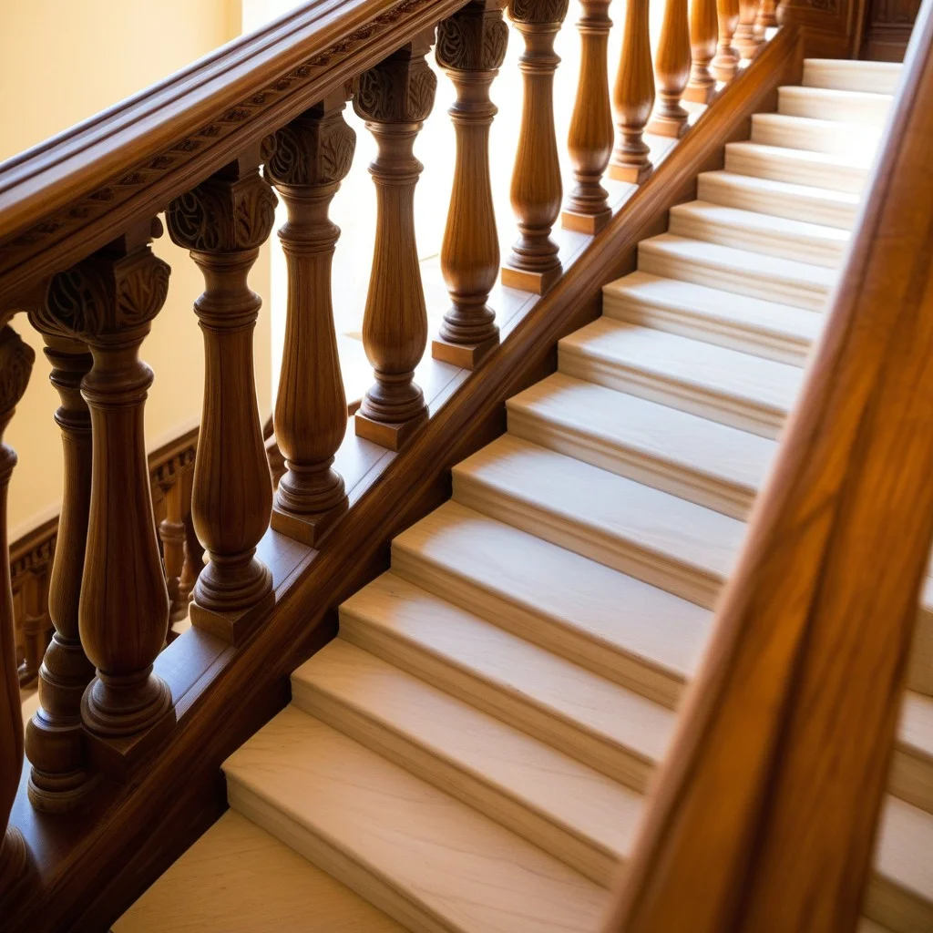 Close-up of a hand running along the carved wooden banister of the grand staircase, showing the wear and tear of centuries, with soft shadows falling across the polished wood and stone steps.