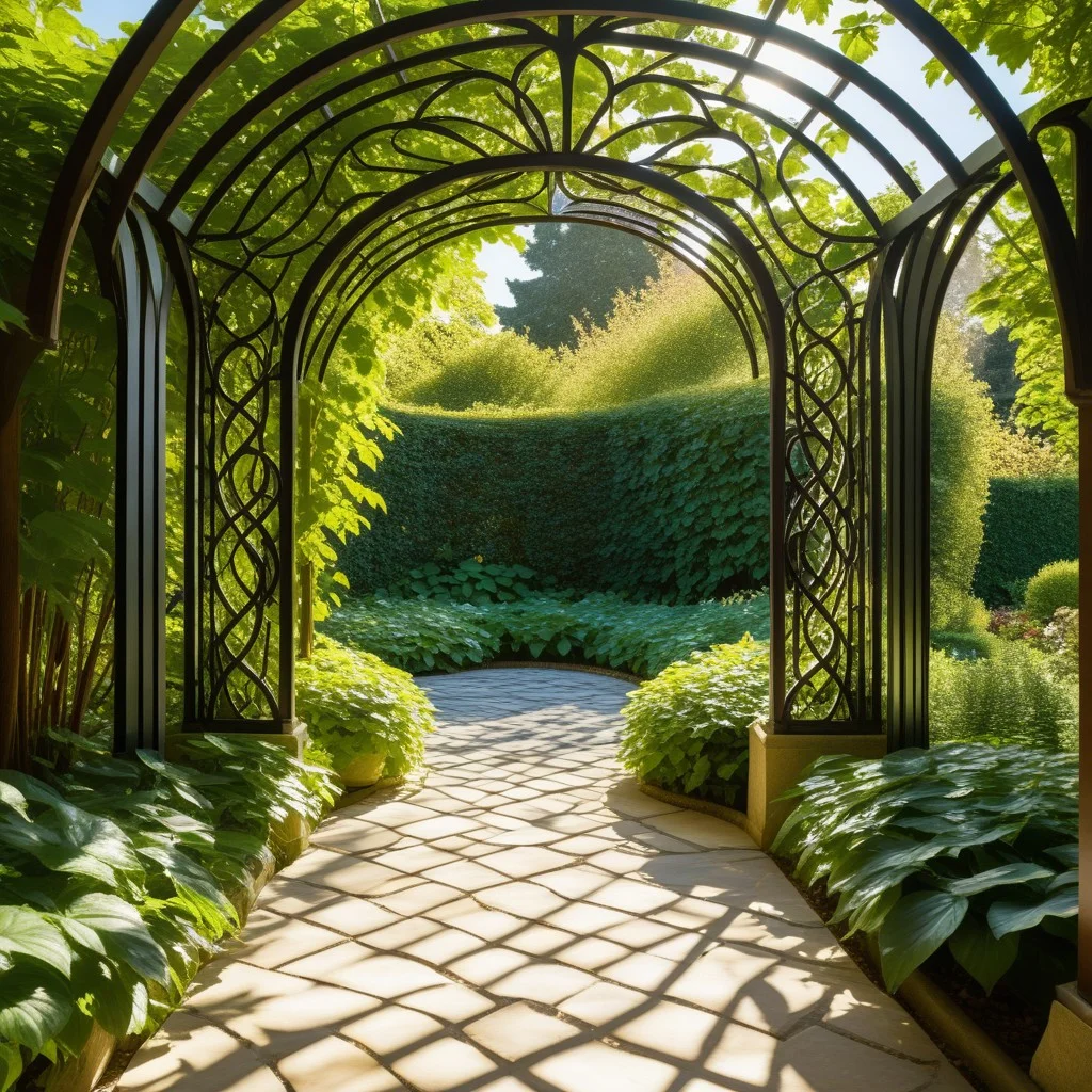 A detailed view of the Art Nouveau garden trellis, with dappled sunlight filtering through the leaves, casting intricate shadows on the stone path below, evoking a sense of quiet contemplation and historical depth.
