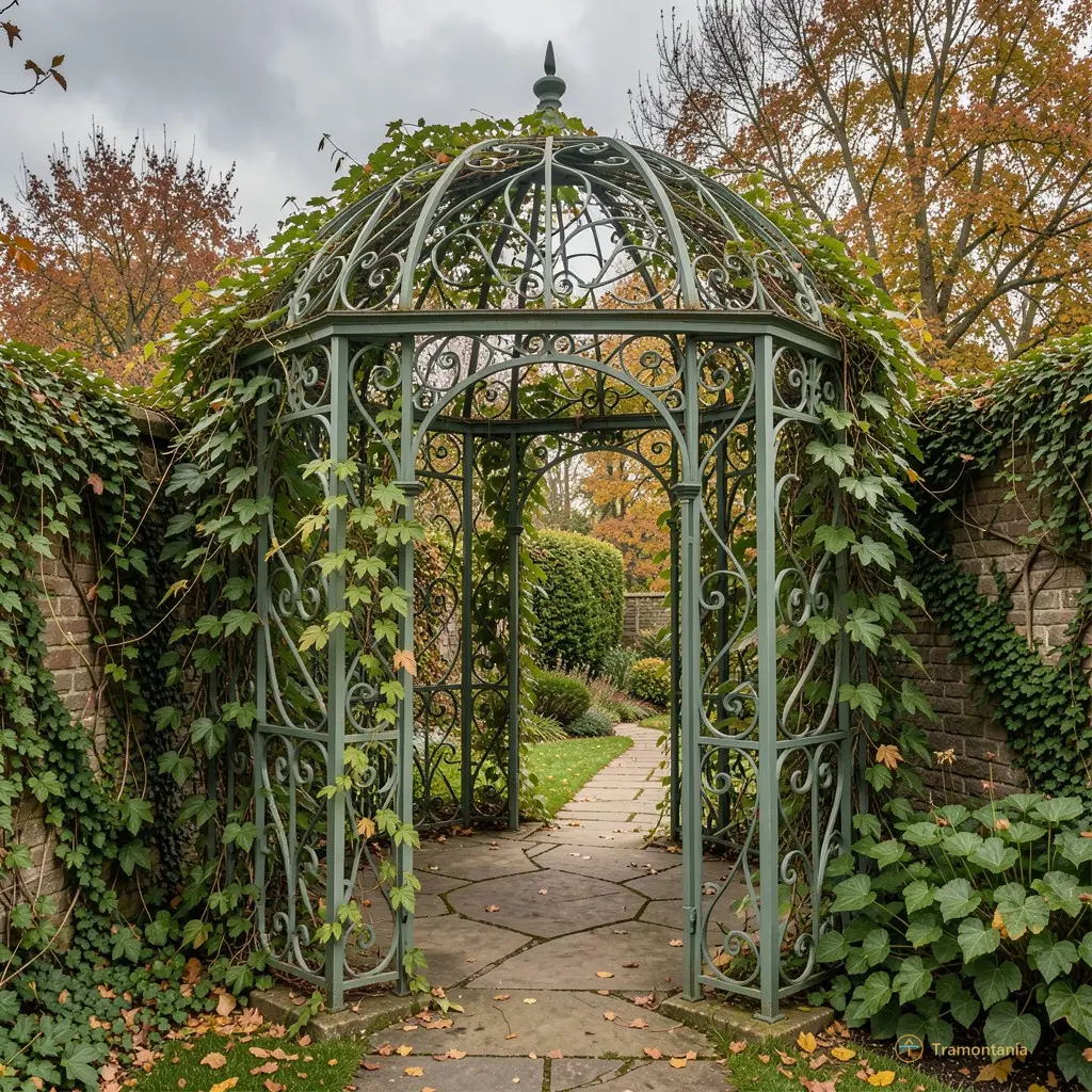 Le jardin intérieur avec sa tonnelle en fer forgé vert-de-gris, enveloppée de lierre, sous un ciel gris d'automne