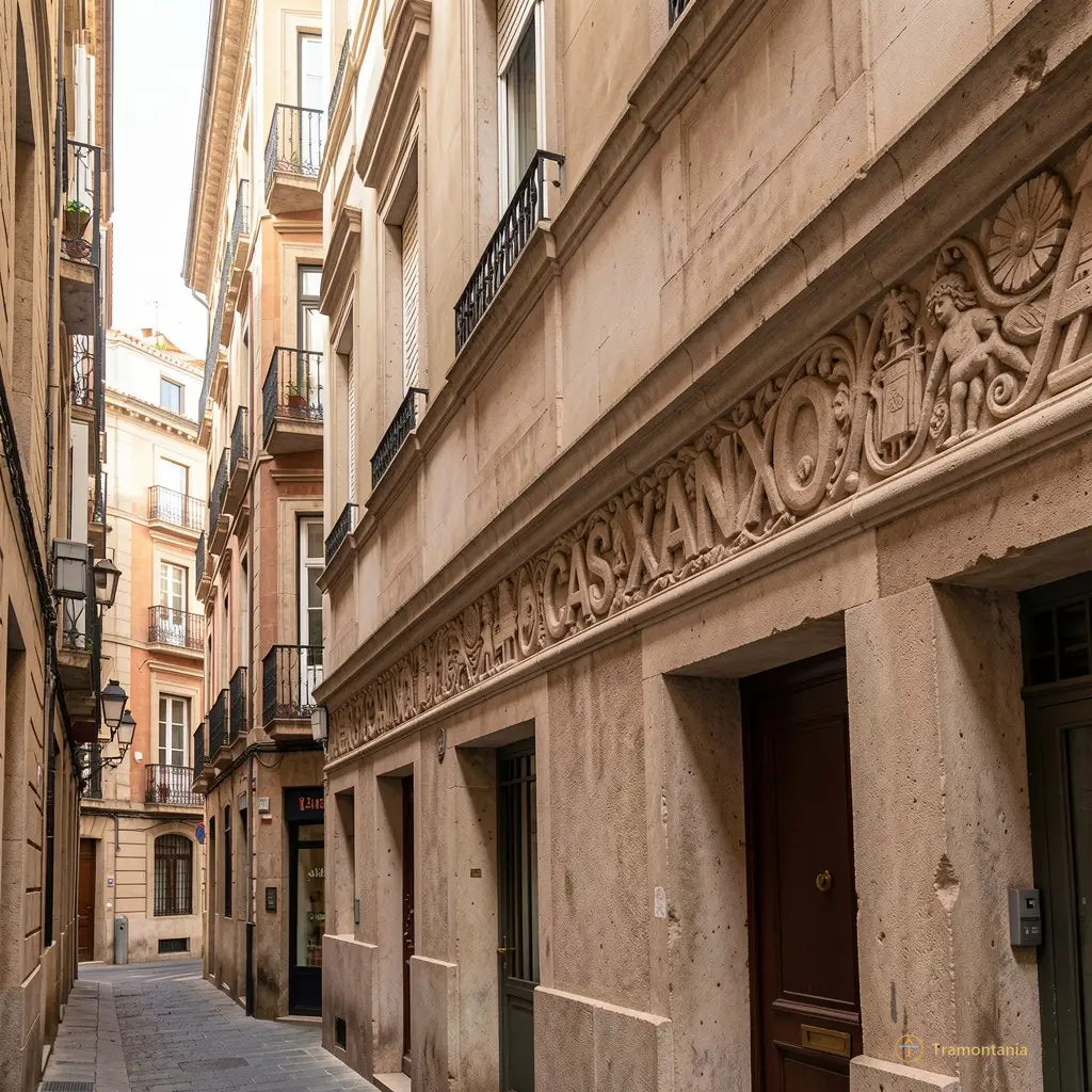 La façade extérieure de la Casa Xanxo avec sa frise sculptée visible sous un angle latéral, montrant l'insertion du bâtiment dans le tissu urbain étroit