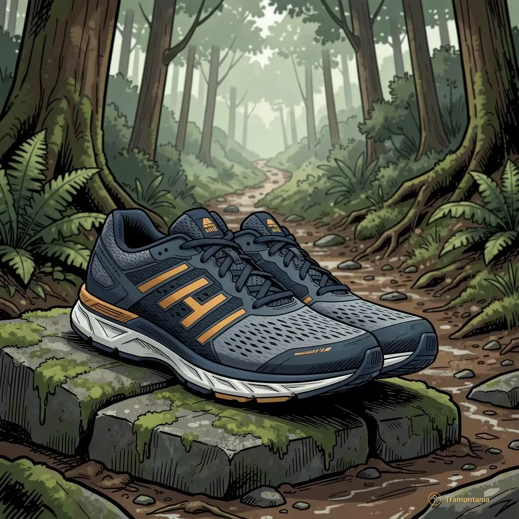 Nino, l'âne de Tramontania — Une paire de chaussures de course repose sur une pierre recouverte de mousse au pied d'un sentier montant dans la forêt