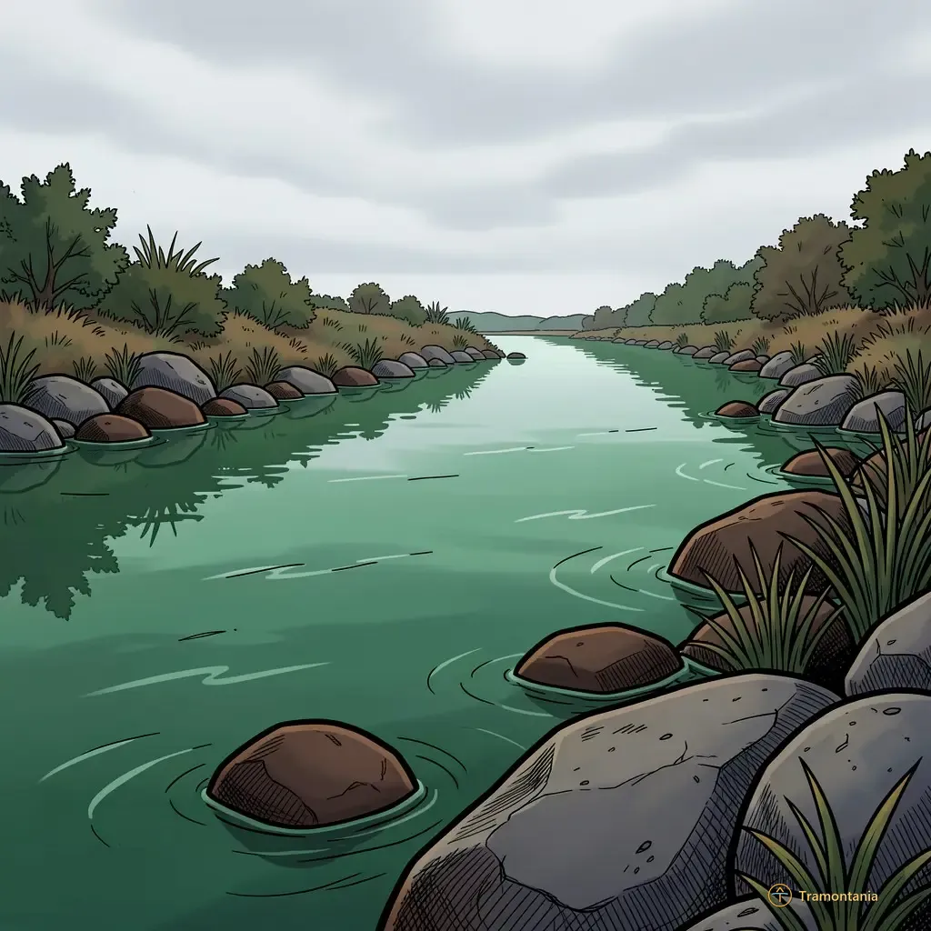 Nino, l'âne de Tramontania — Un cours d'eau calme et vert émeraude coule au loin près de pierres sombres et de végétation riveraine